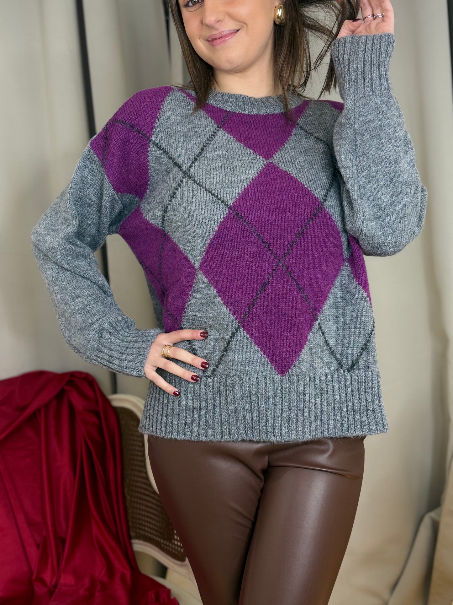 Tensione In maglia in lana rombi GRIGIO/LILLA/NERO