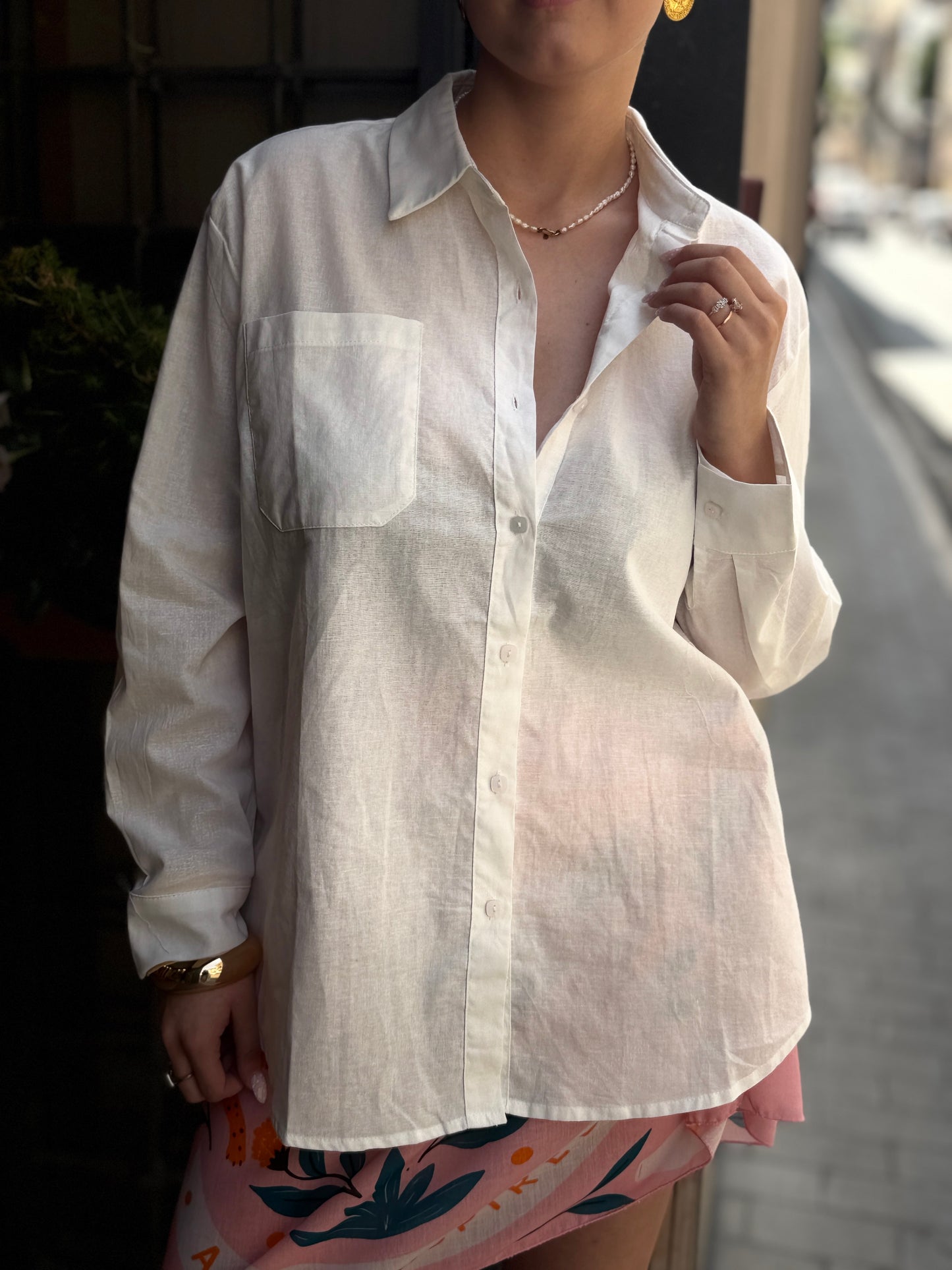 Camicia cotone e lino GESSO/ CIELO