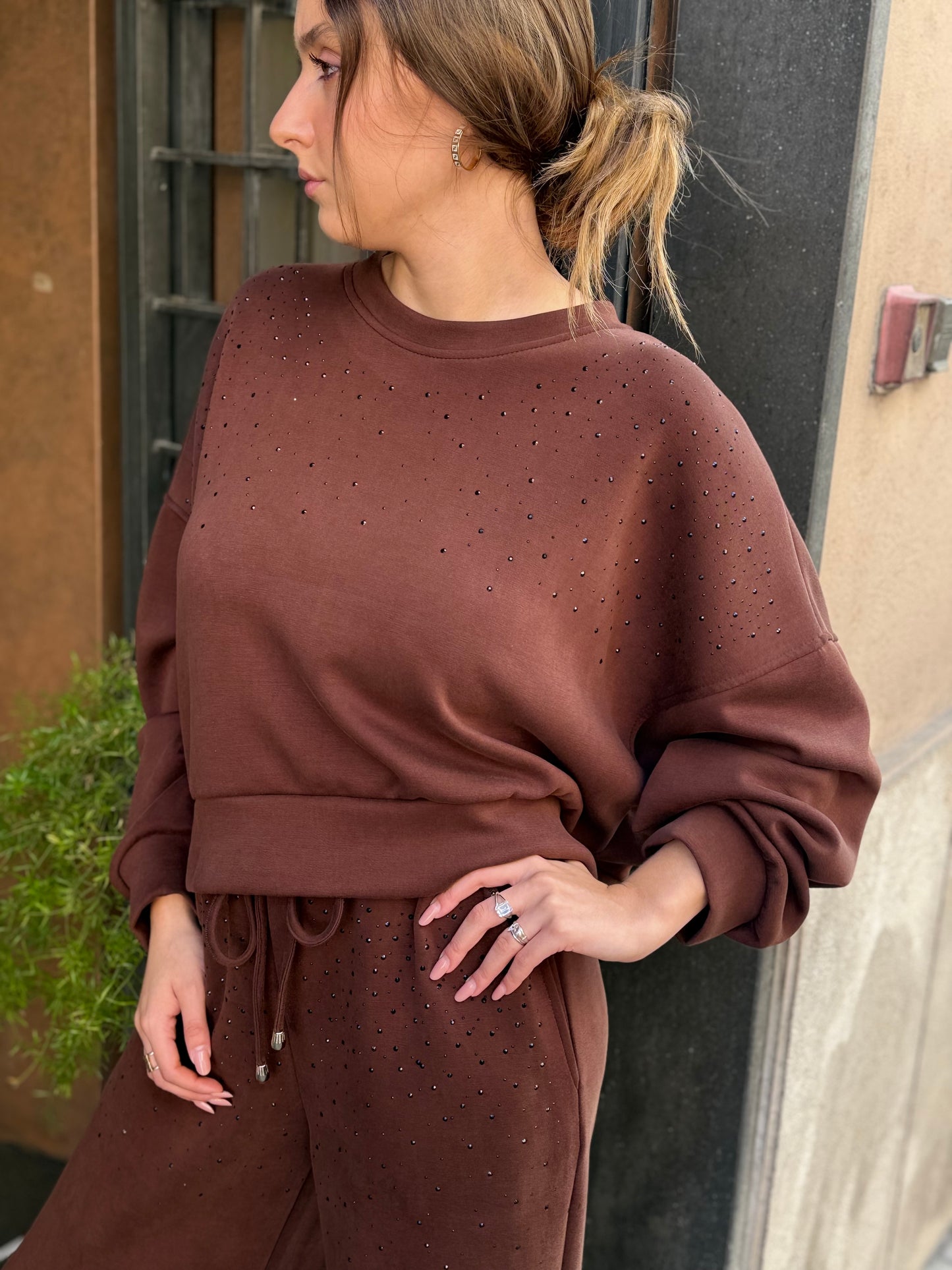 Felpa in modal con strass CIOCCOLATO