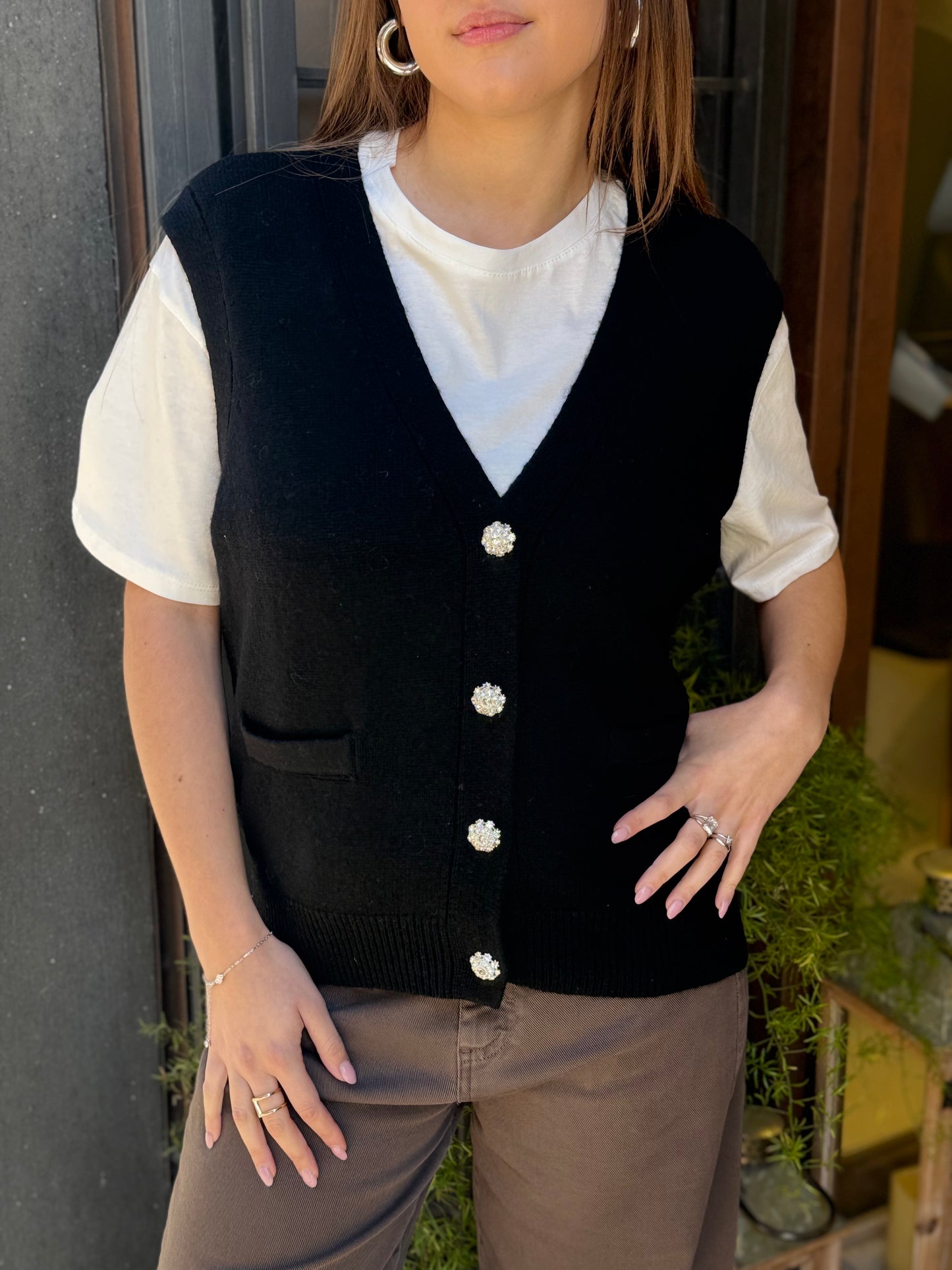 Gilet CELINE bottoni gioiello scollo a V NERO