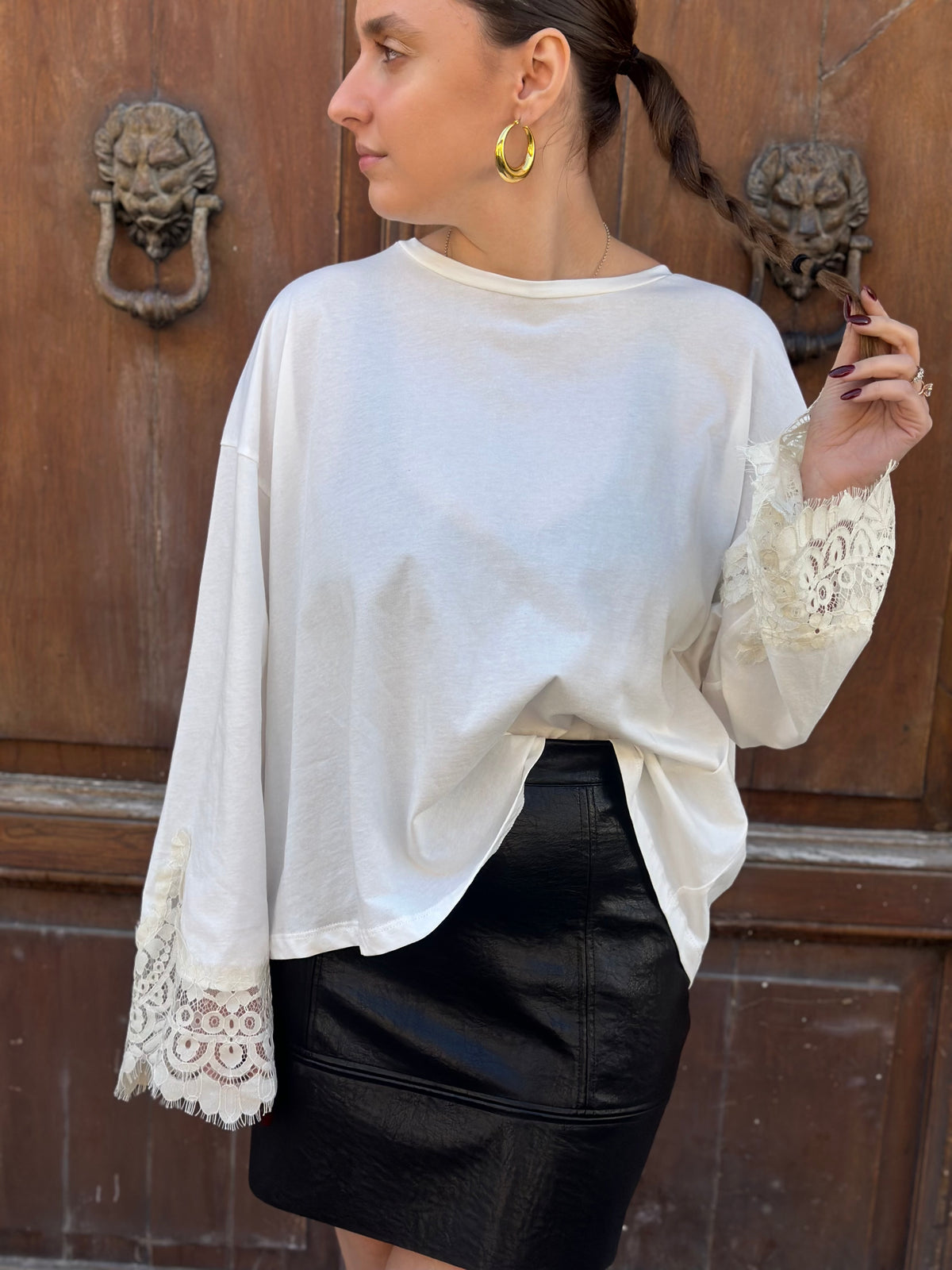 Tensione in T-shirt pizzo PANNA/PANNA