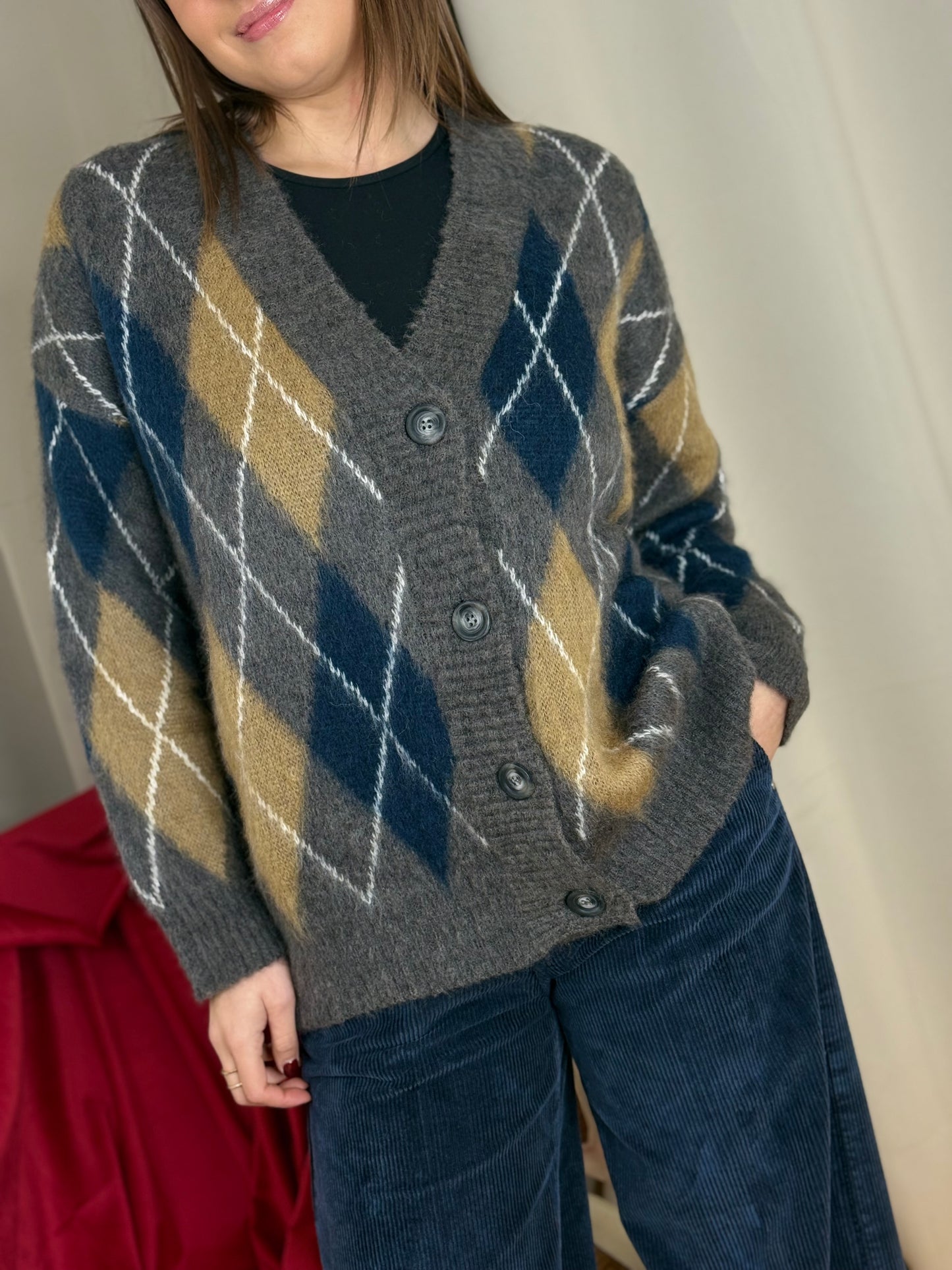 Tensione In cardigan rombi in mohair ANTRACITE/BLU/CAMEL