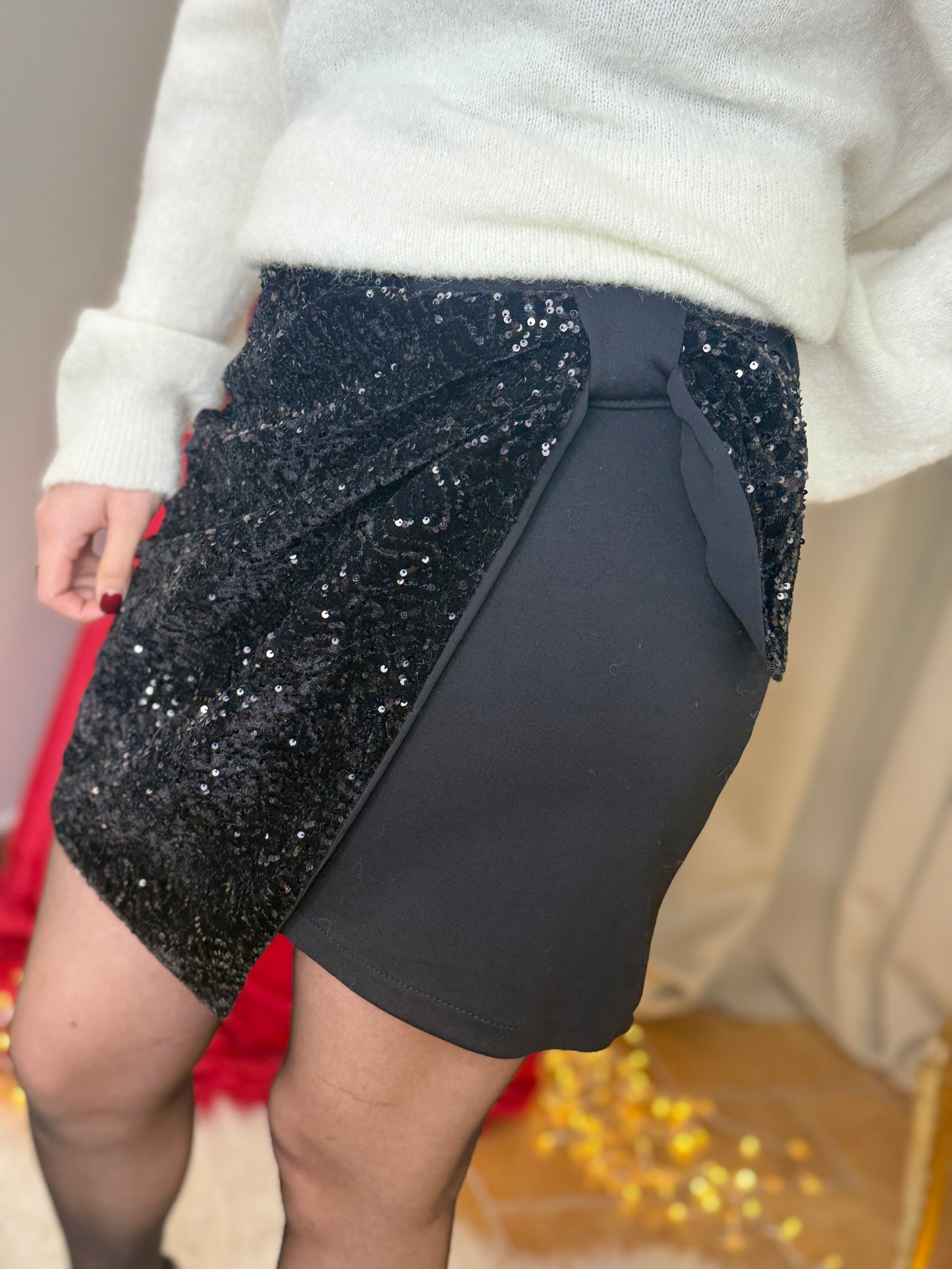 Mini gonna con pannello in velluto e paillettes NERO