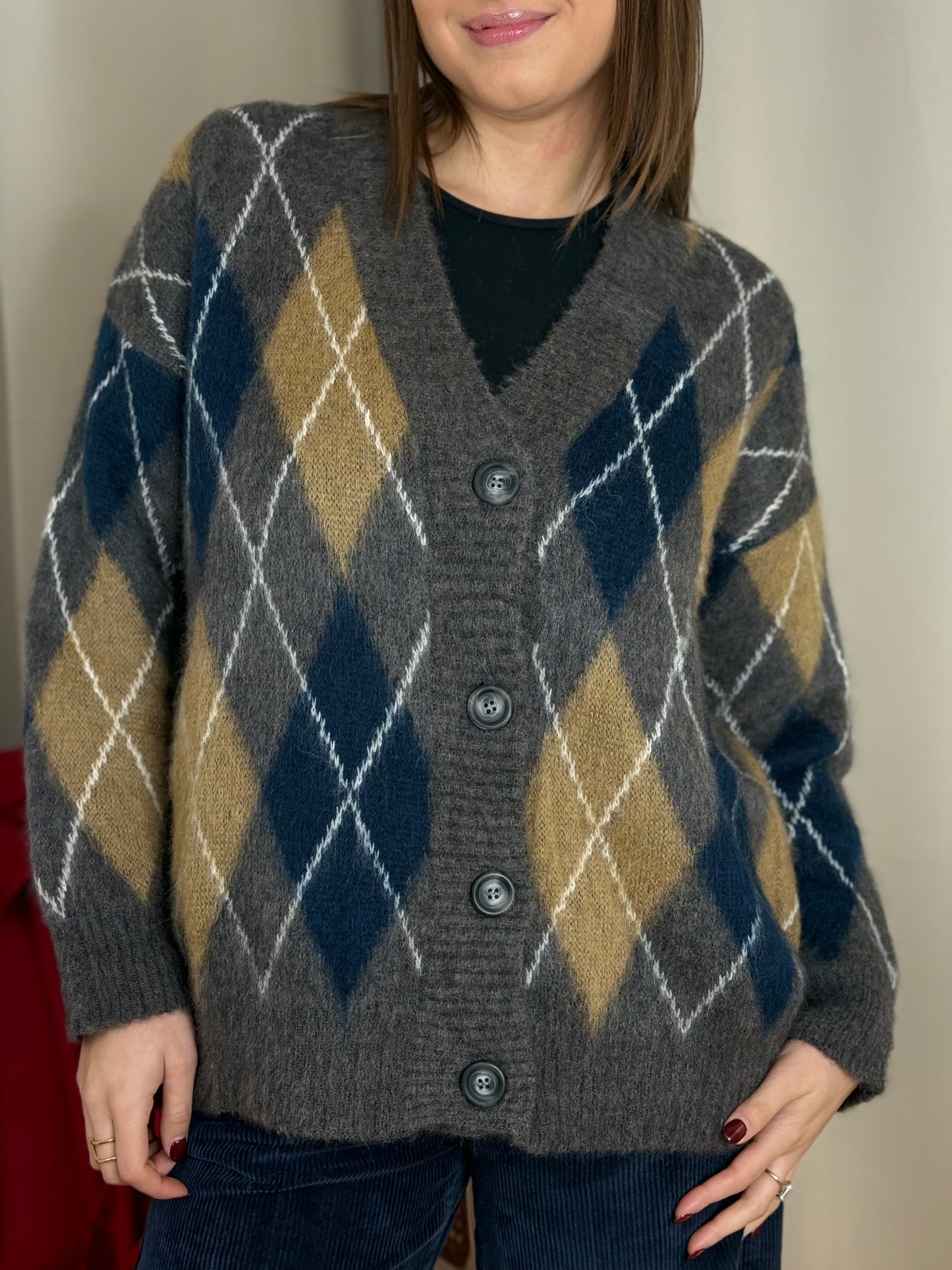 Tensione In cardigan rombi in mohair ANTRACITE/BLU/CAMEL