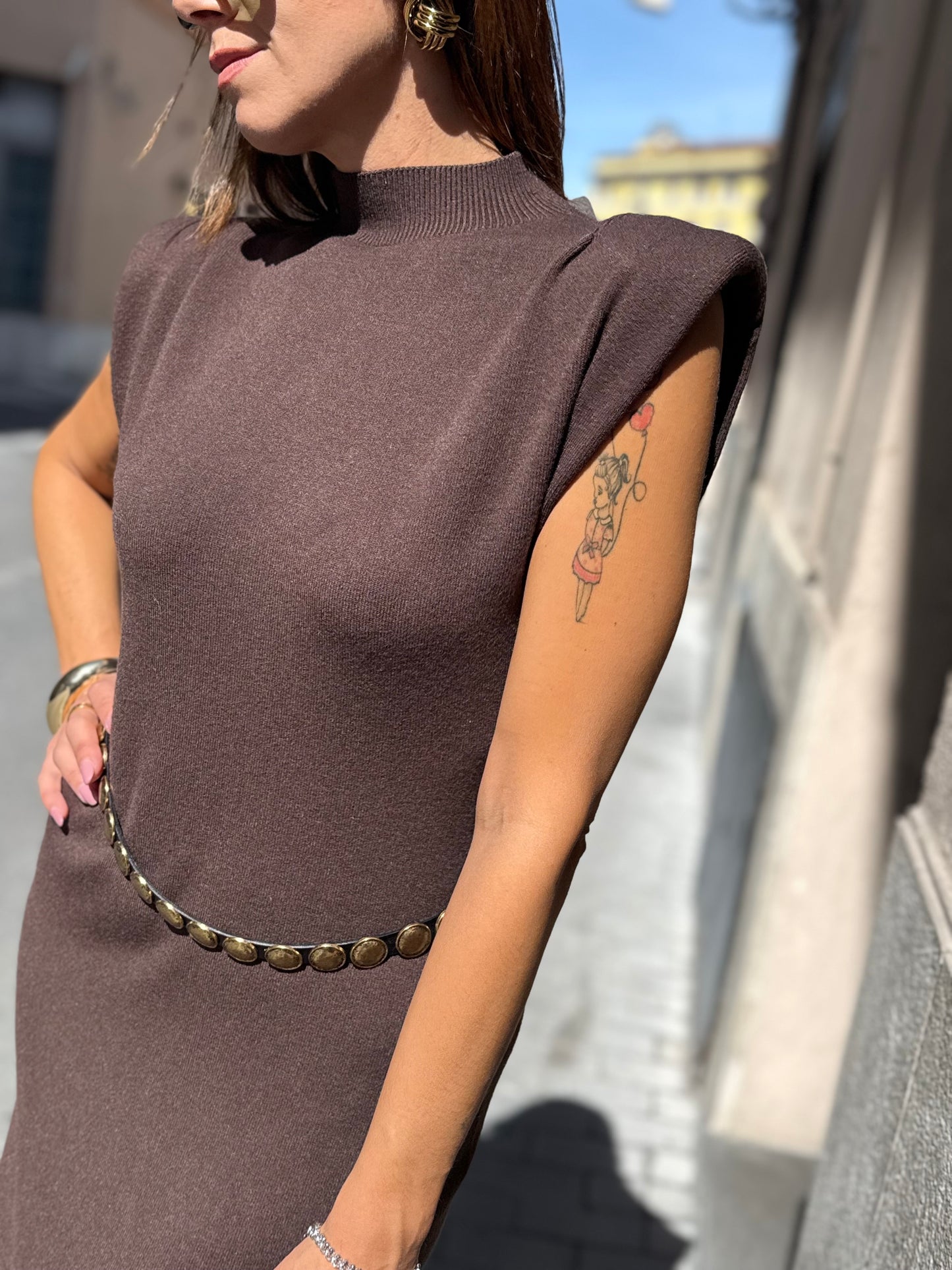 Abito lungo in maglina con spalline imbottite MORO