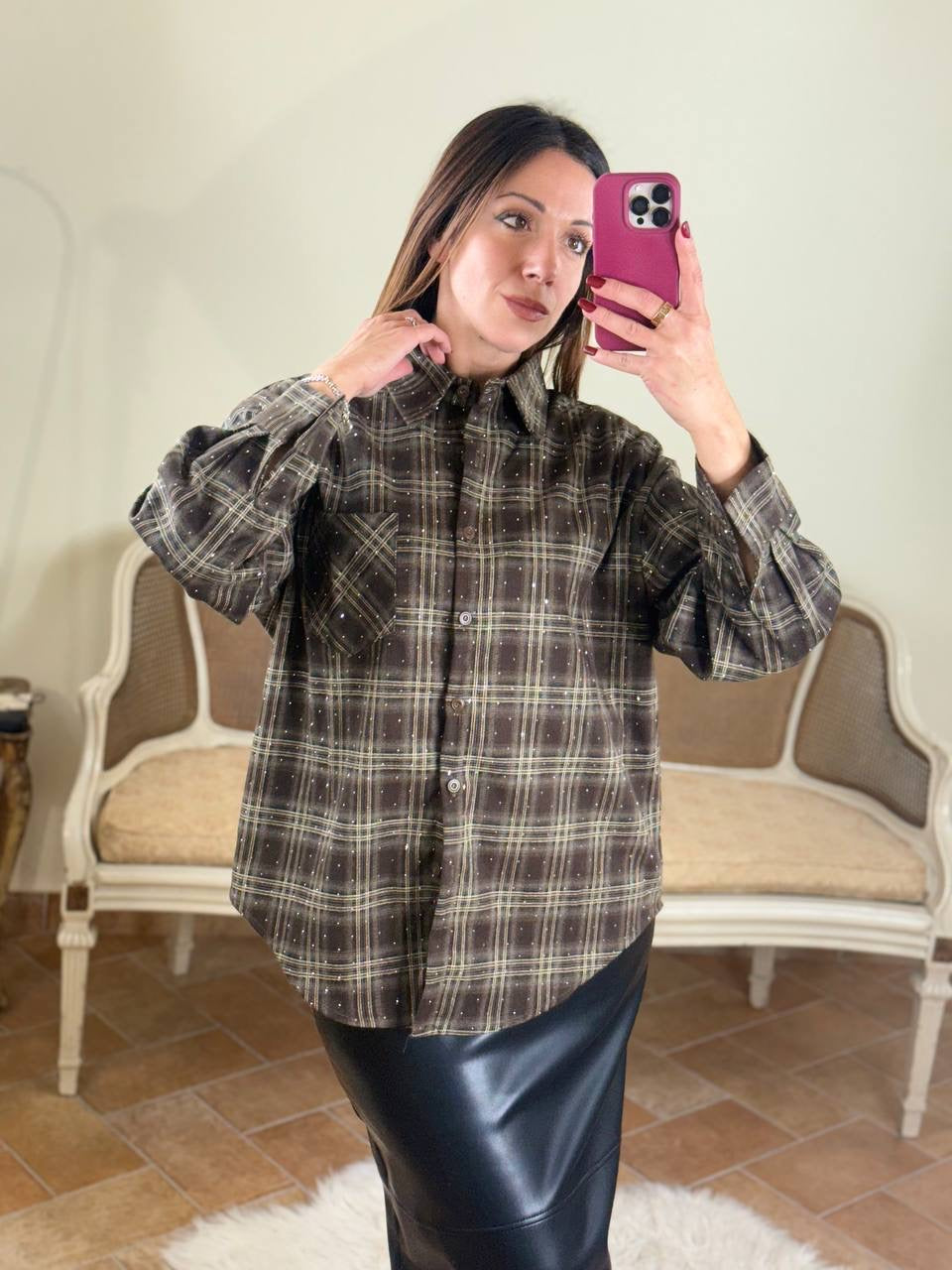 Camicia JOY quadri con punti luce MORO/BEIGE