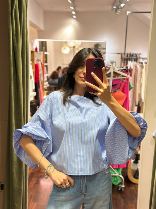 Blusa INES a righe celeste/moro manica a palloncino