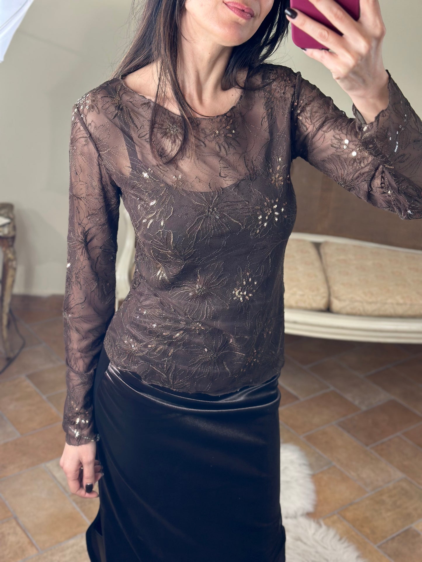 Maglia in pizzo CIOCCOLATO con micro paillettes