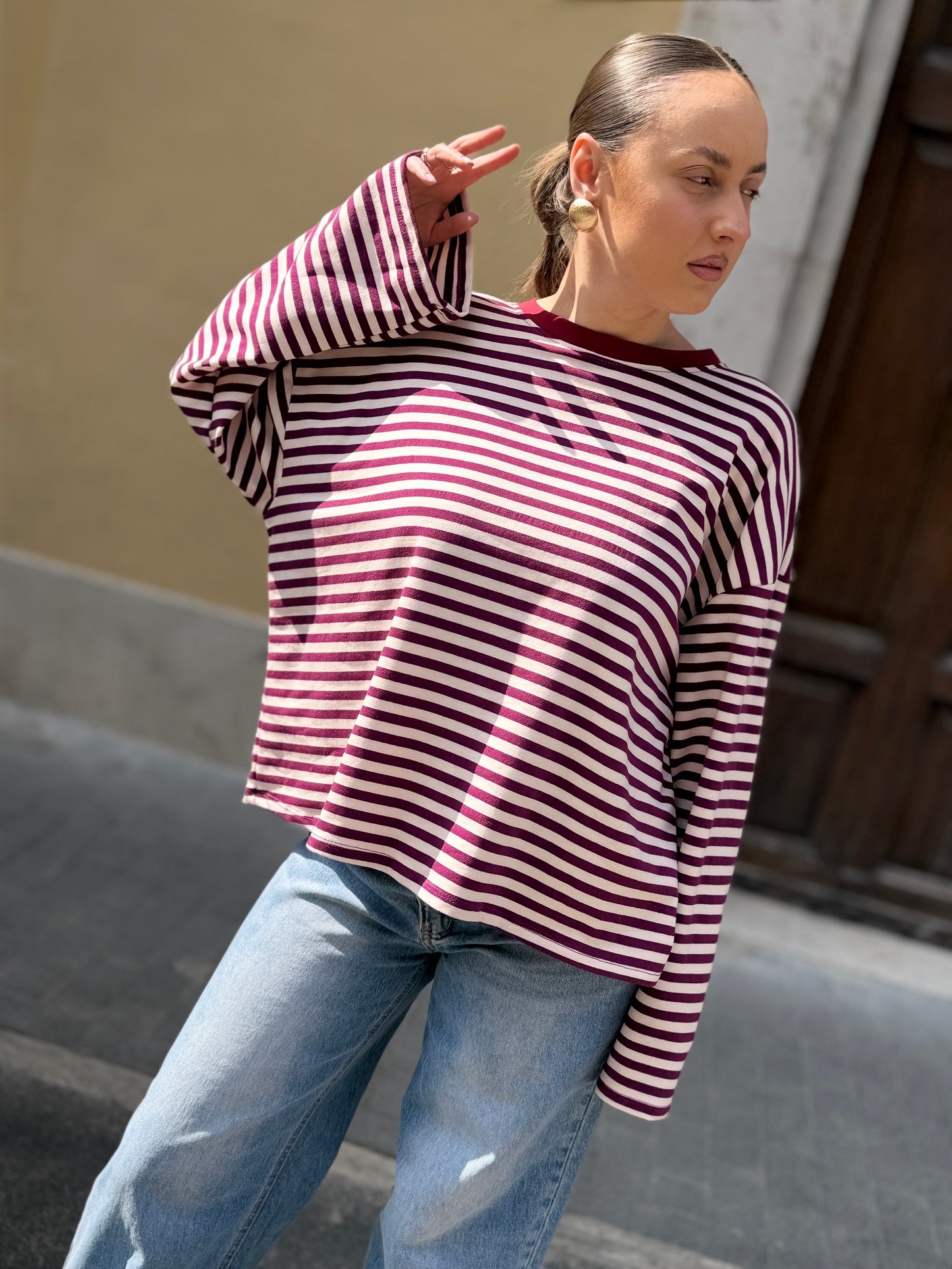 T-Shirt girocollo a righe BORDEAUX/VIOLA/BURRO