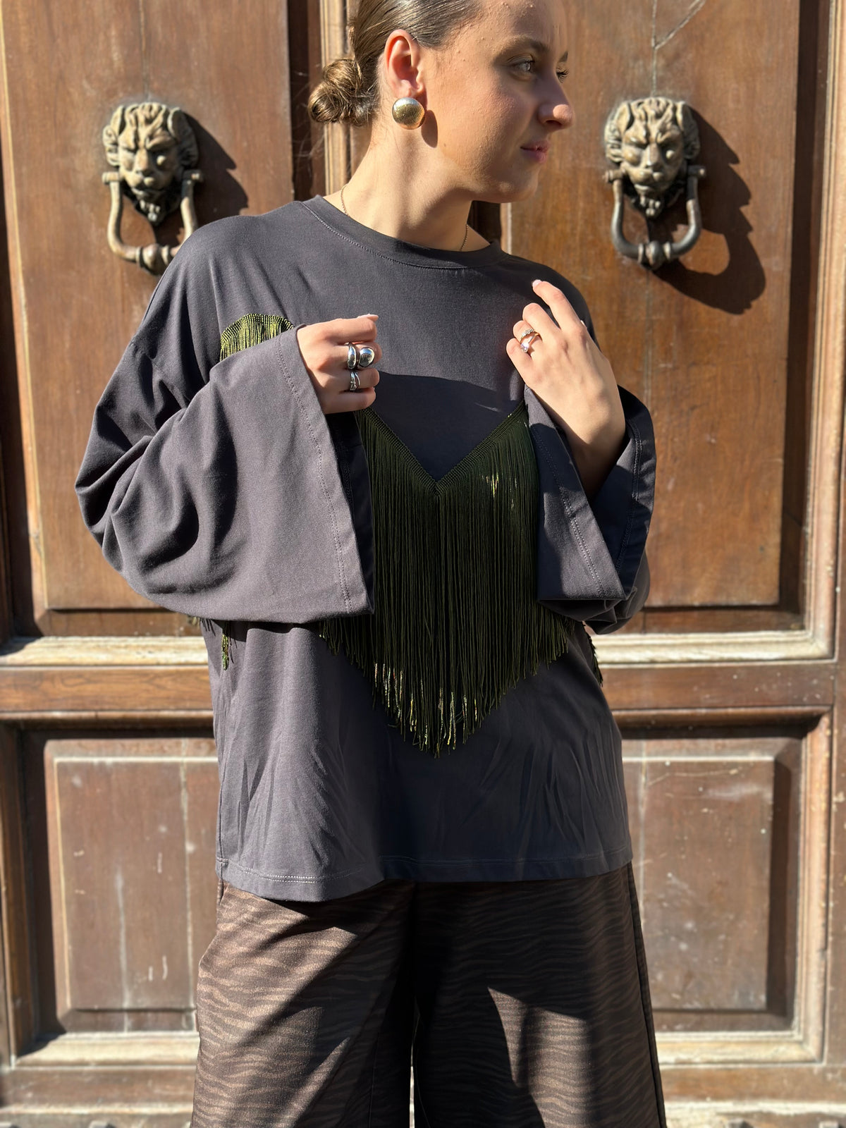 Tensione in maglia con frange ANTRACITE/MILITARE