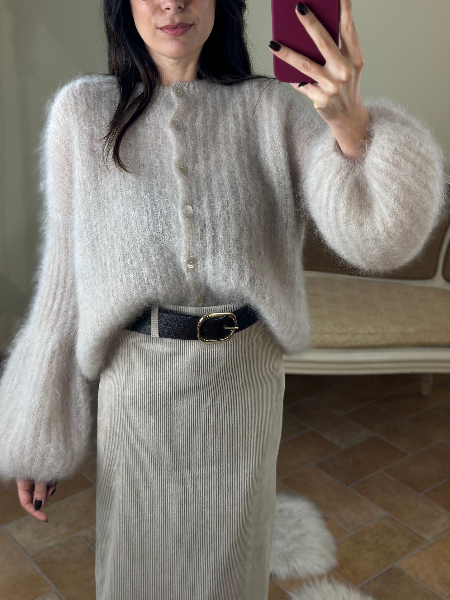 Cardigan in kid Mohair BEIGE con bottoni madreperla