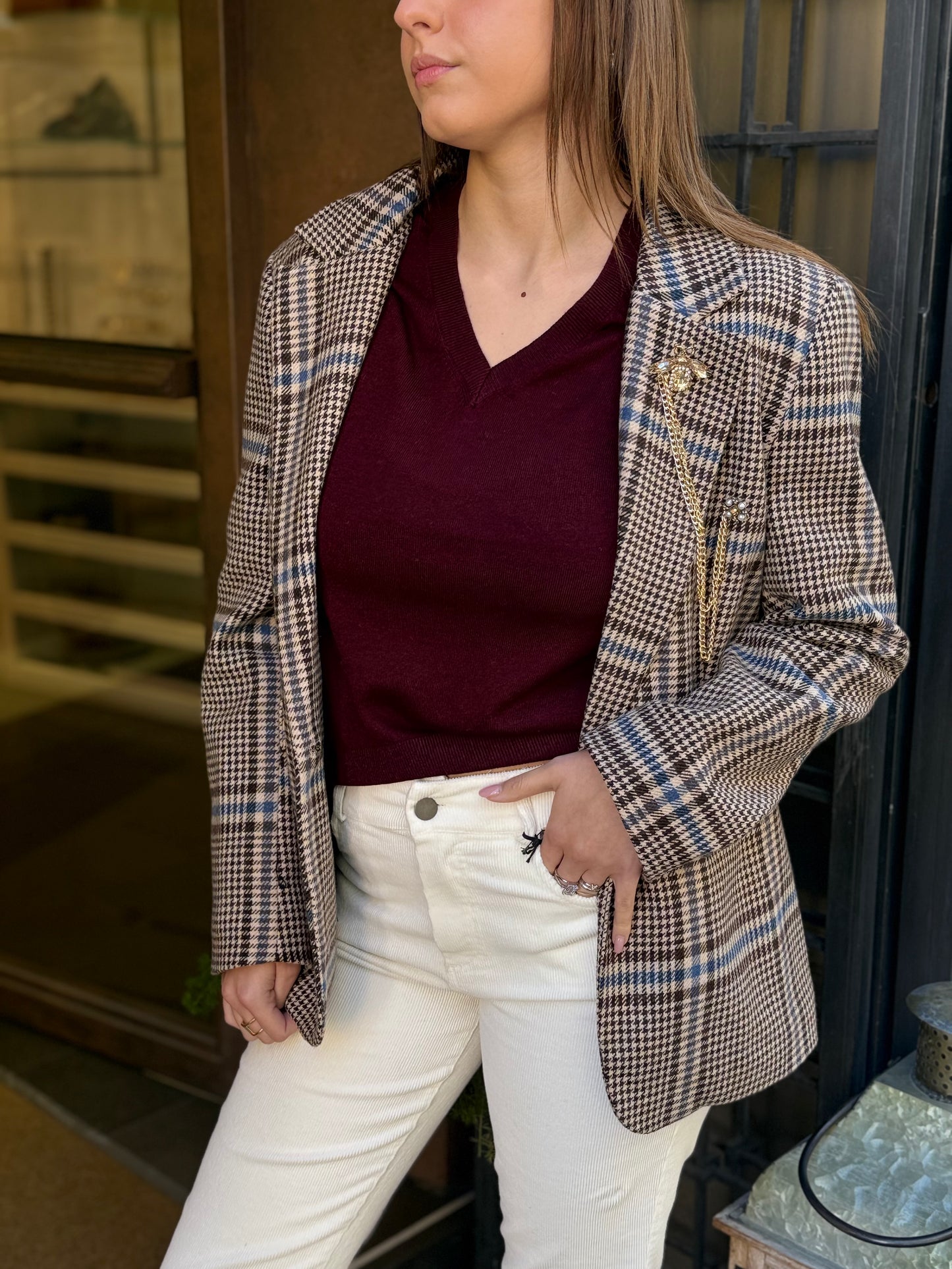 Tensione In Giacca check MORO/CELESTE con spille catena