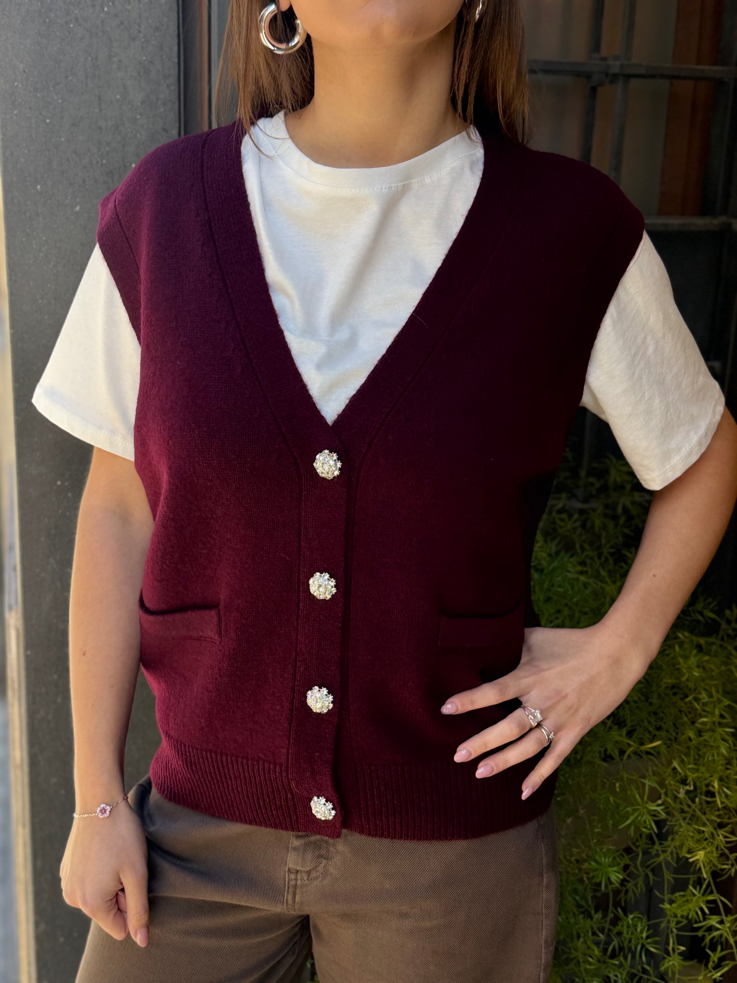 Gilet CELINE bottoni gioiello scollo a V BORDEAUX