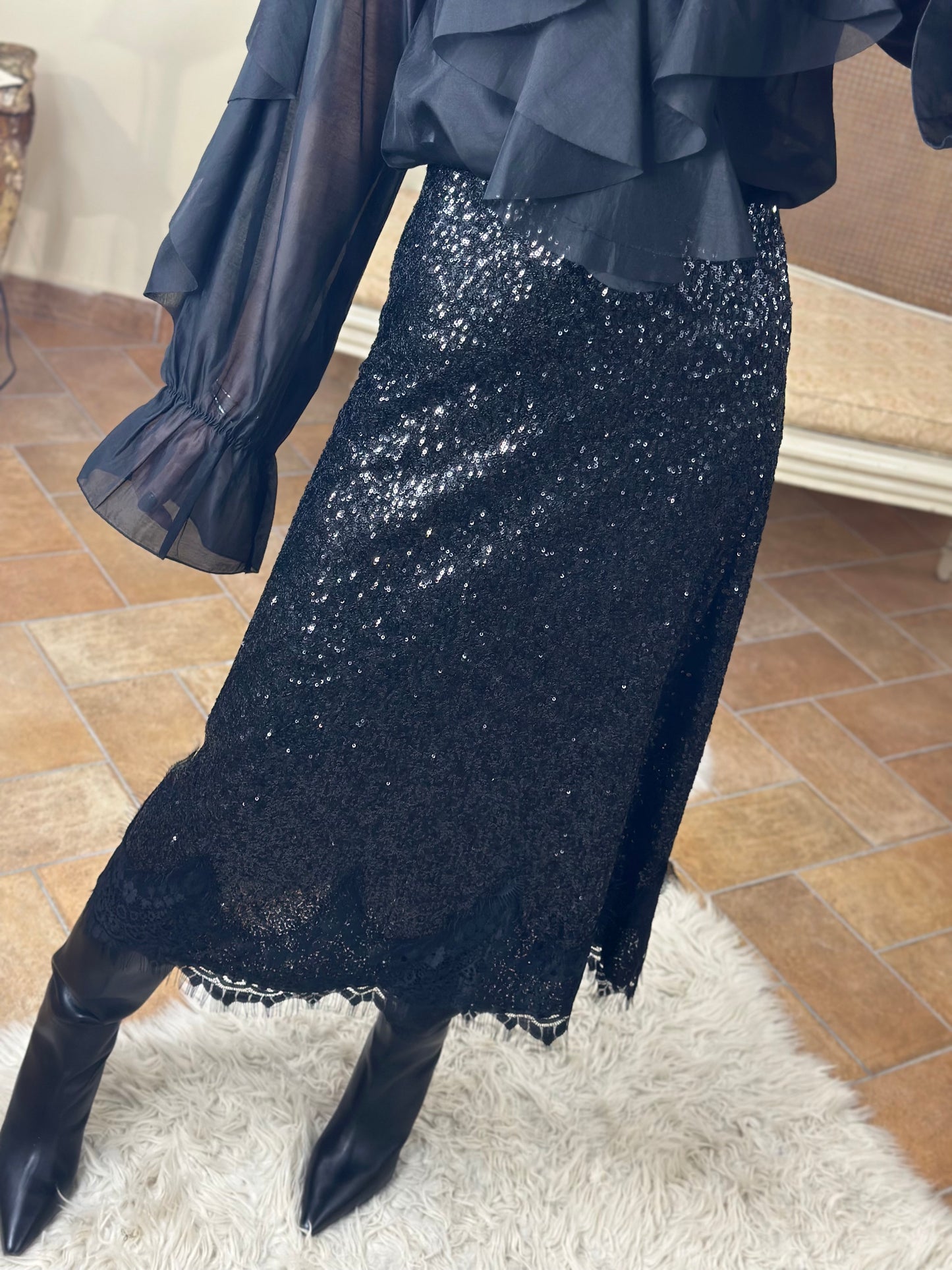 Gonna midi NERA con paillettes e pizzo
