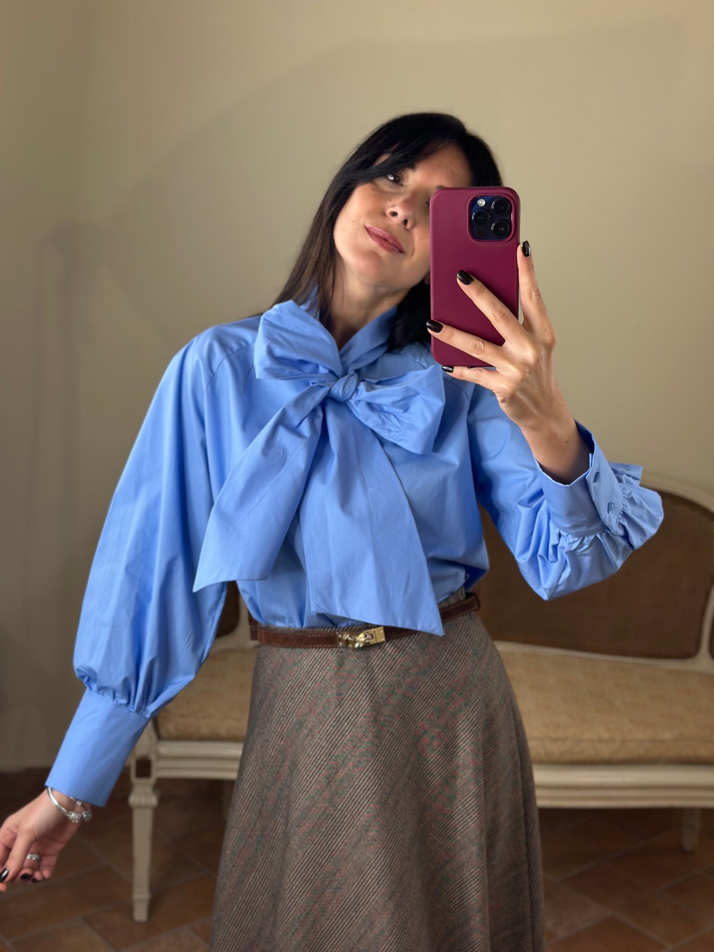 Camicia in popeline CELESTE con fiocco