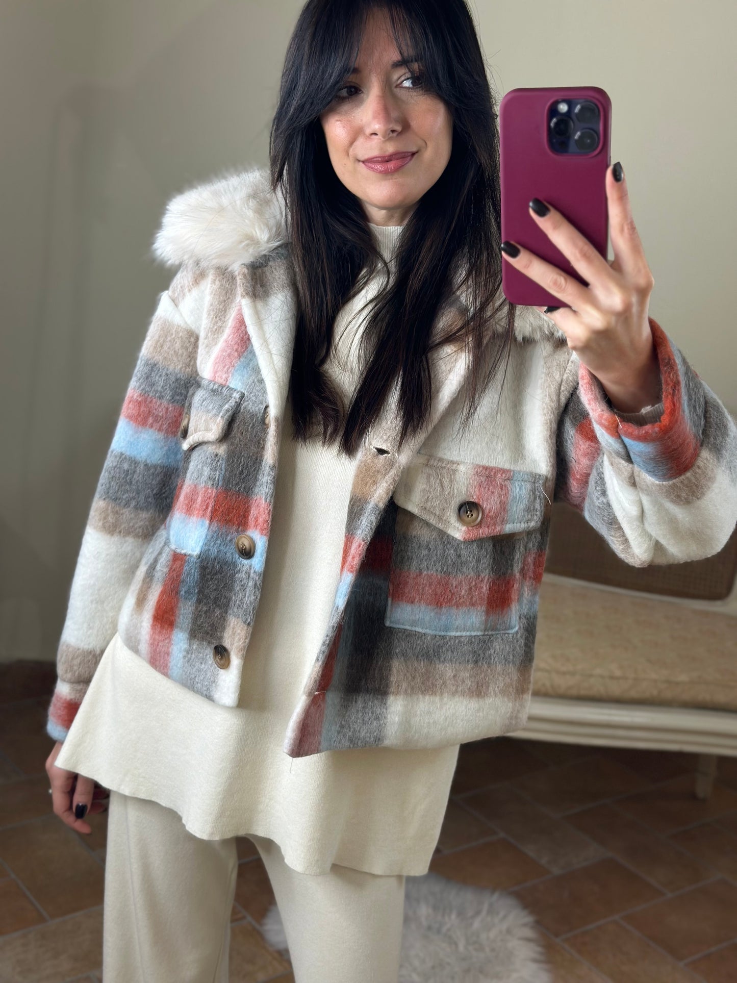 Cappotto cropp in lana check con colletto pelliccia  CELESTE/ARANCIO/BEIGE