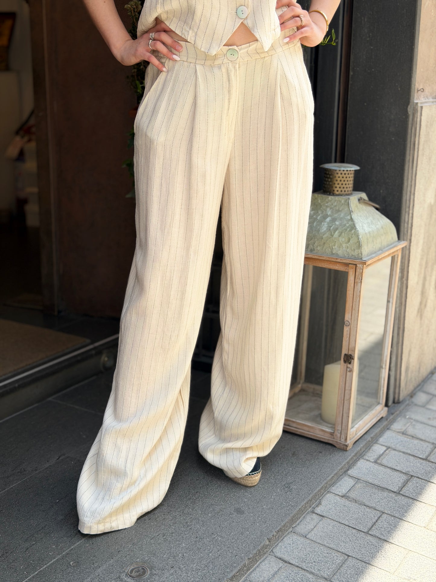 Pantalone in lino a righe Panna e Senape