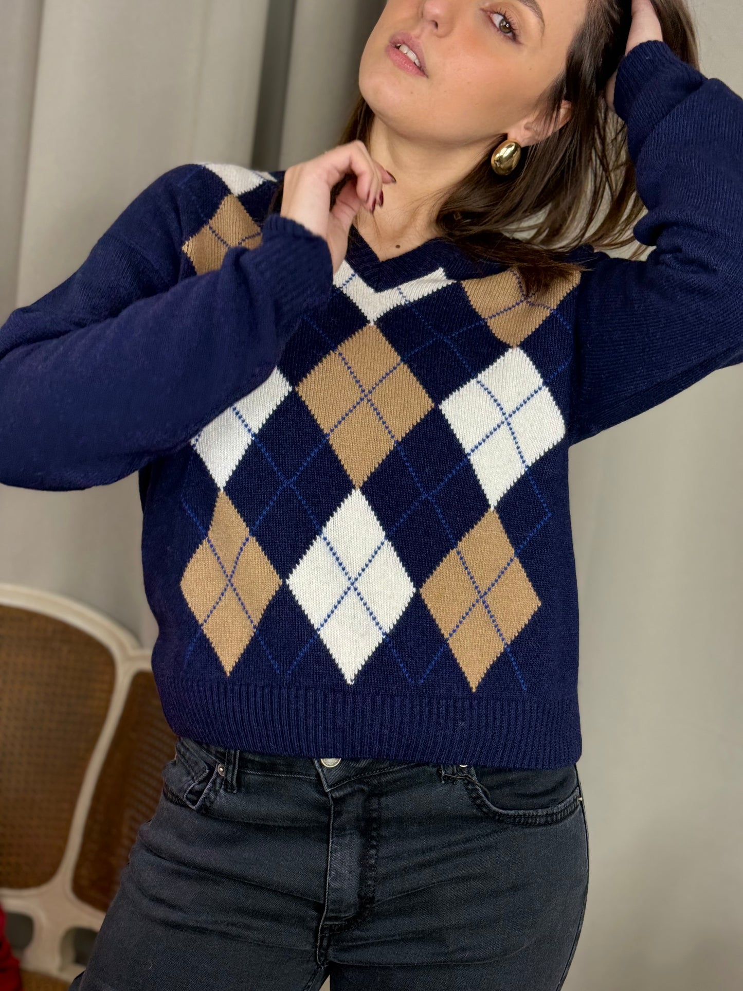 Tensione In maglia a V rombi BLU/BURRO/CAMEL