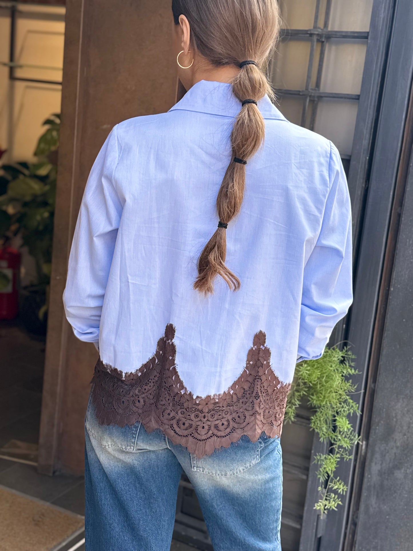 Tensione in Camicia oxford con pizzo CELESTE/MORO