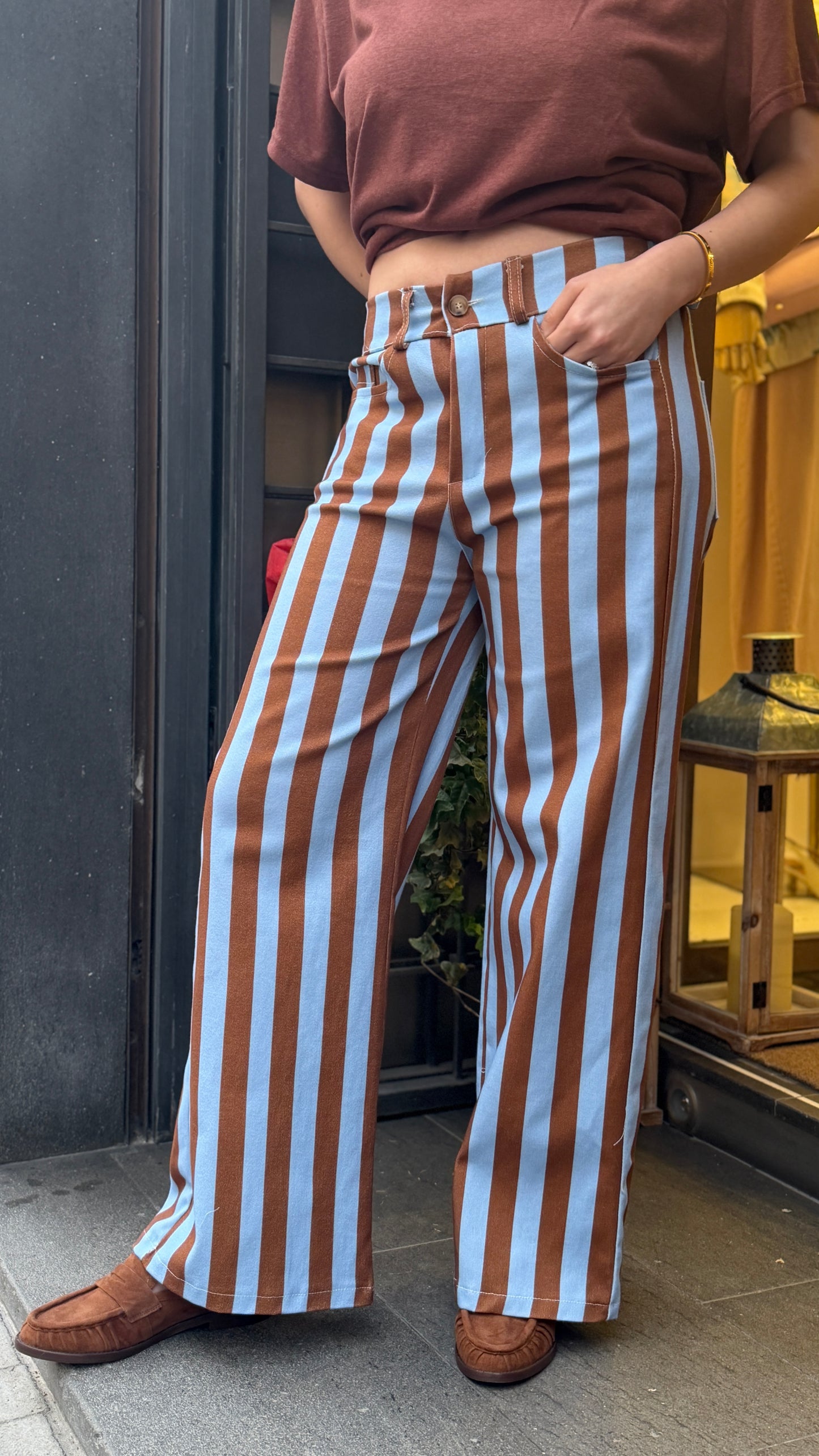 Pantalone a righe celeste/moro
