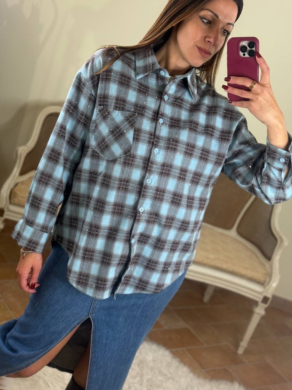 Camicia JOY quadri con punti luce CELESTE/MORO