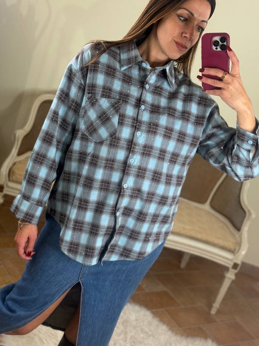 Camicia JOY quadri con punti luce CELESTE/MORO
