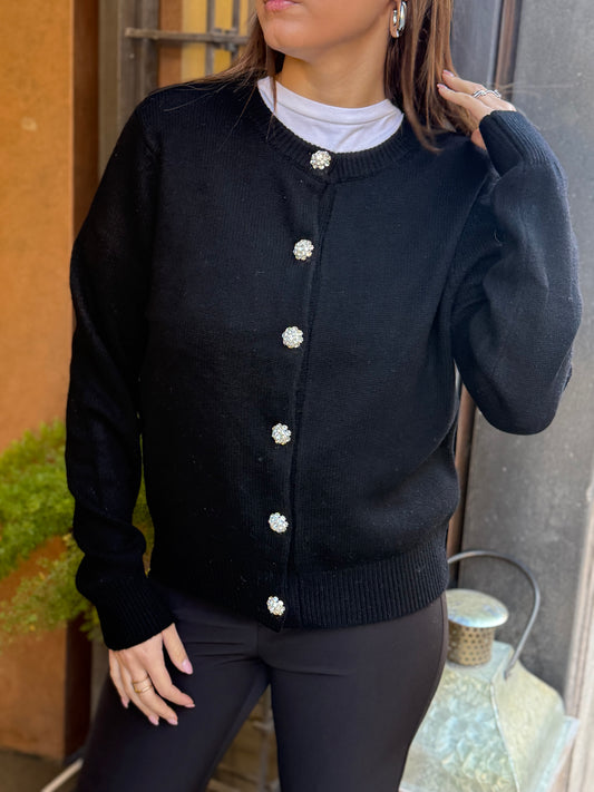 Cardigan GIOIA girocollo con bottoni gioiello NERO