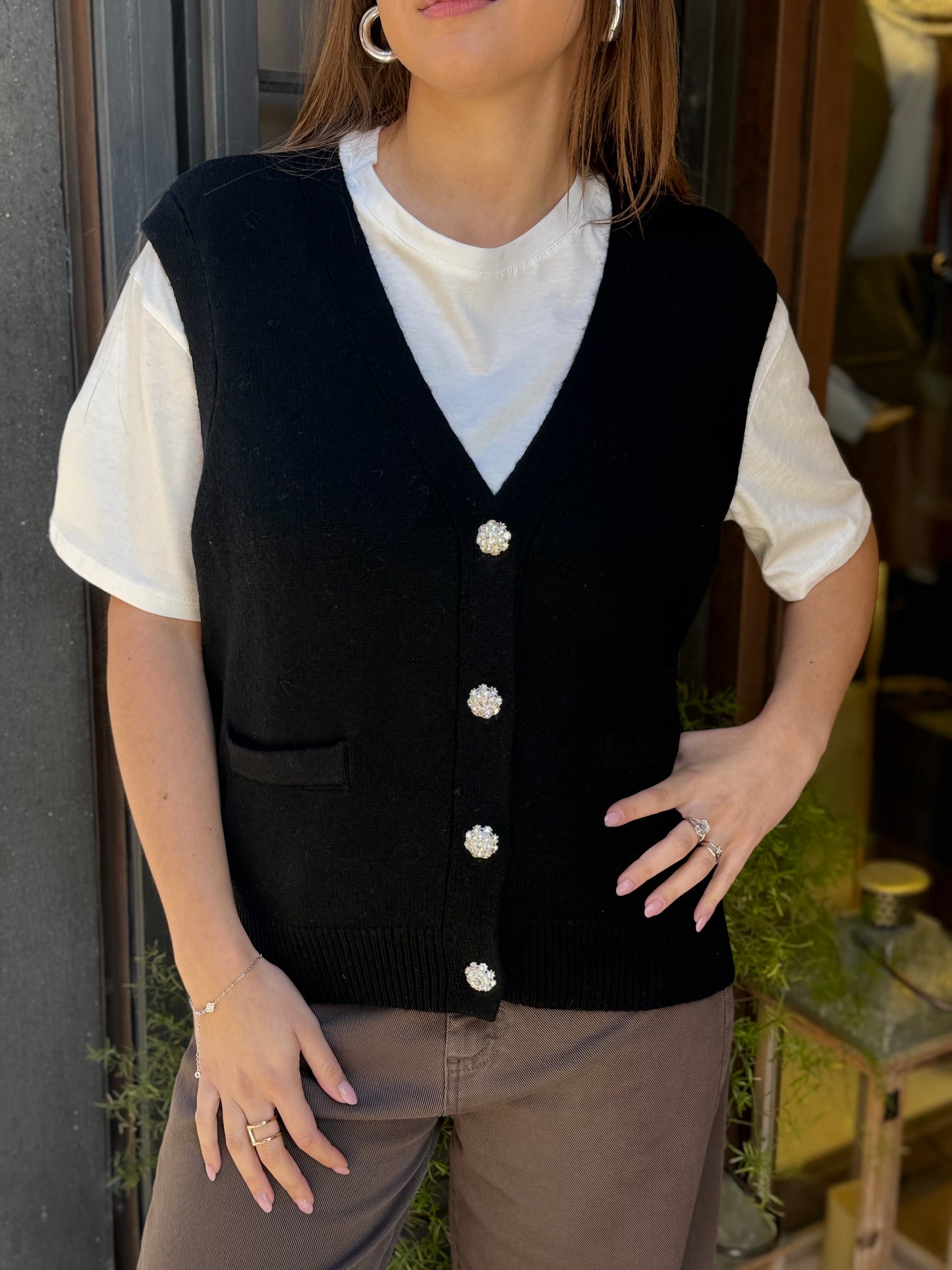 Gilet CELINE bottoni gioiello scollo a V NERO