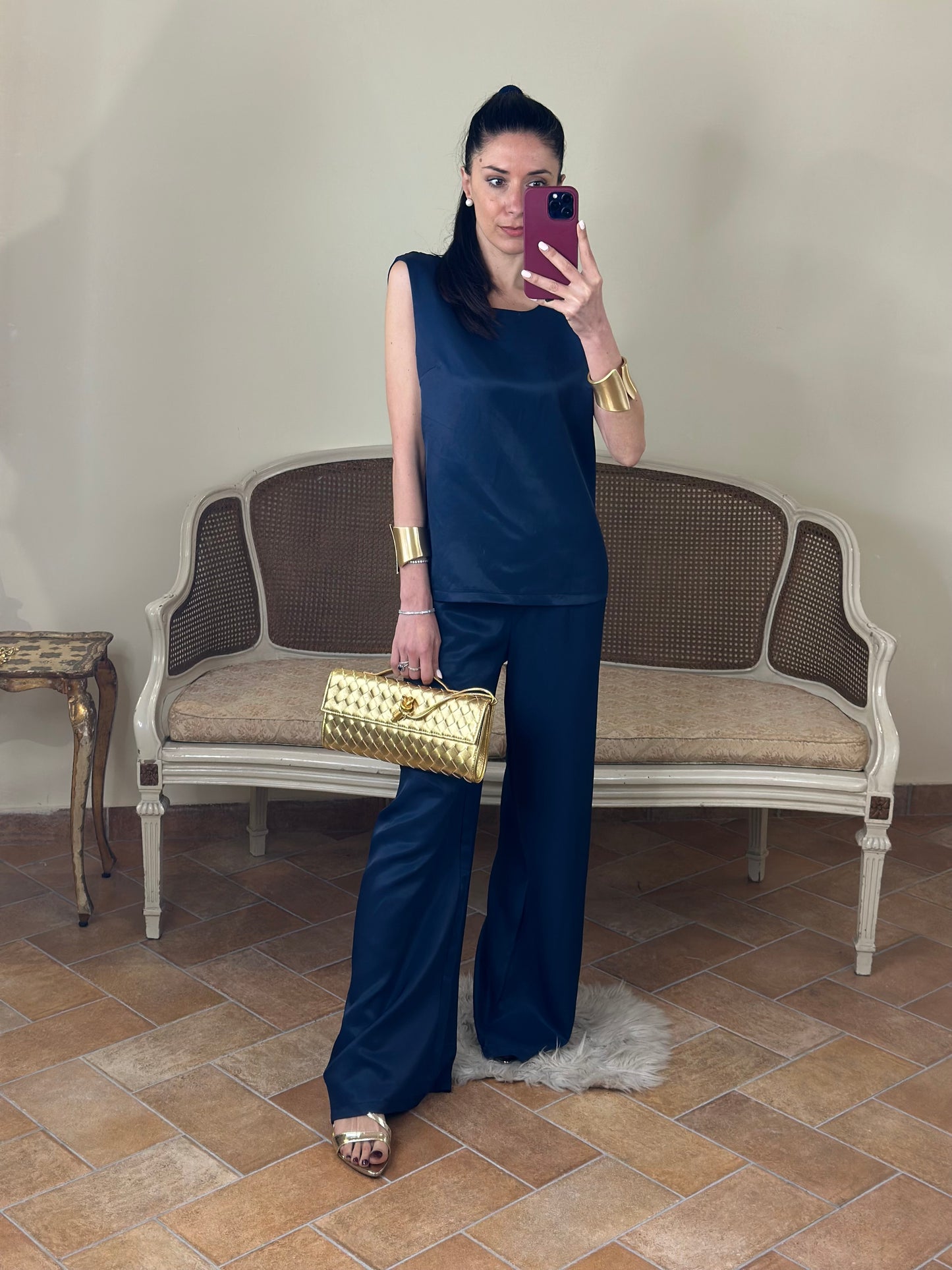 Pantalone a palazzo in viscosa e lino BLU NAVY