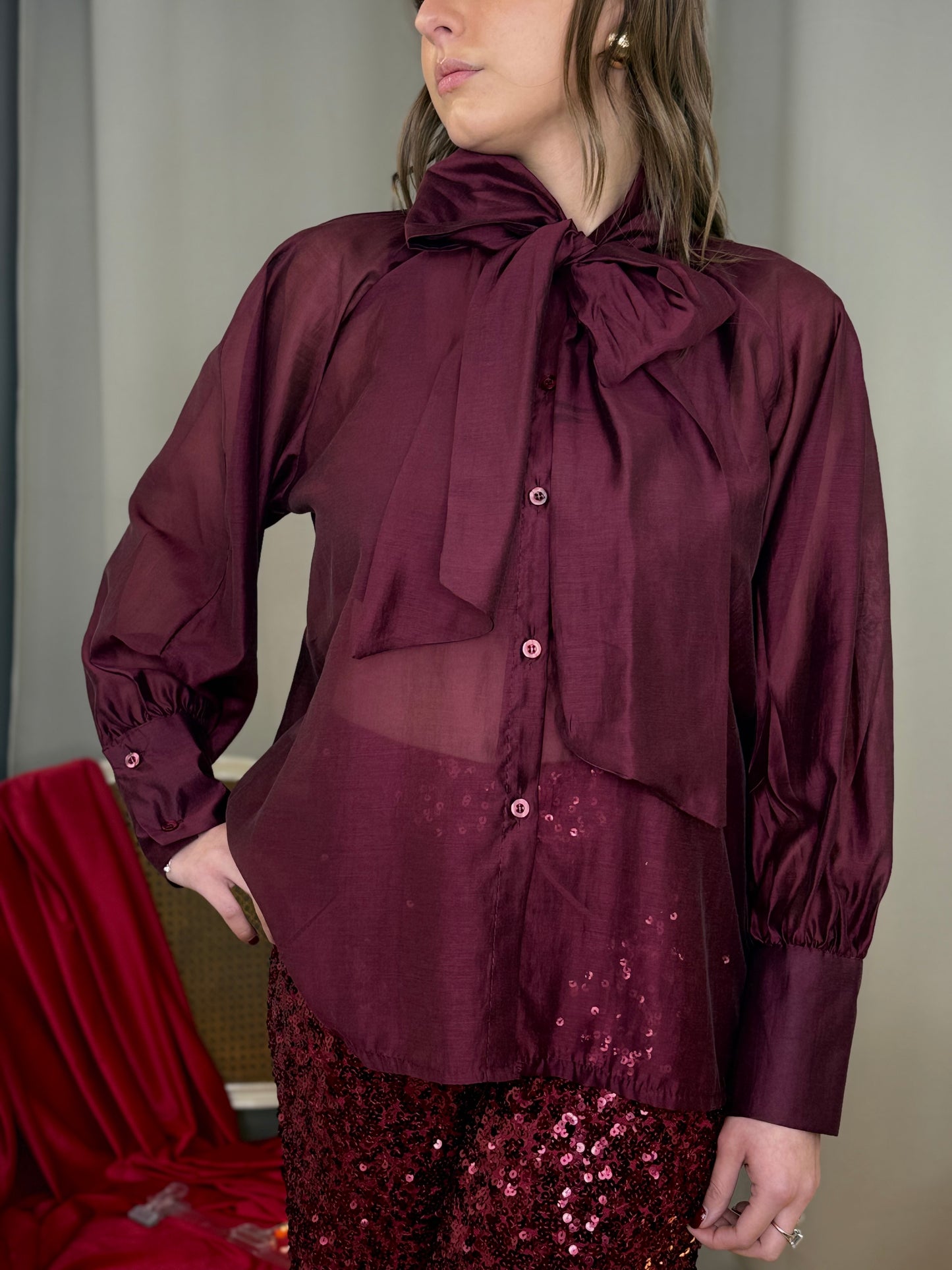 Camicia in tencel con fiocco BORDEAUX