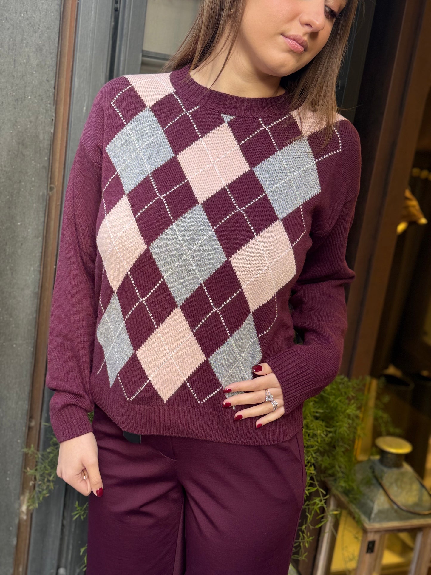 Tensione In Maglia paricollo rombi BORDEAUX/GRIGIO/ROSA