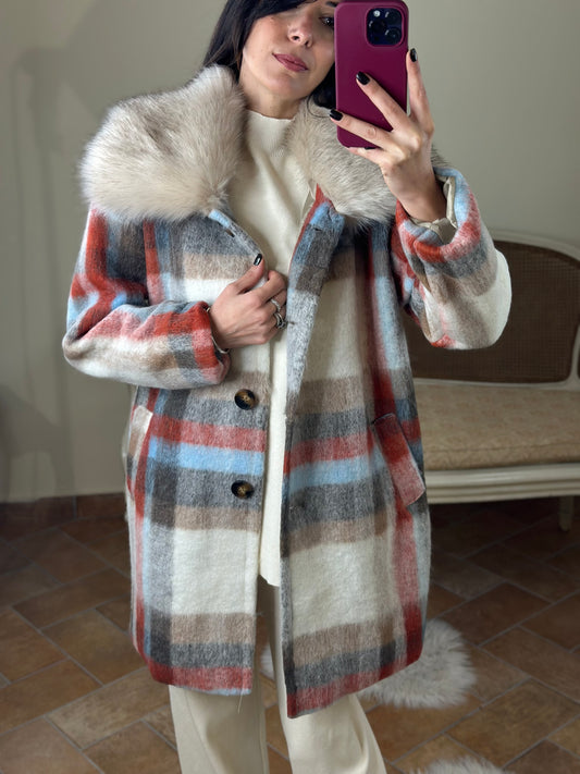 Cappotto in lana midi check con colletto pelliccia  CELESTE/ARANCIO/BEIGE