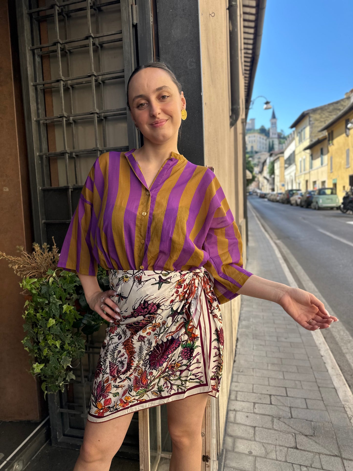 Tensione in Camicia a righe VIOLA/CUOIO