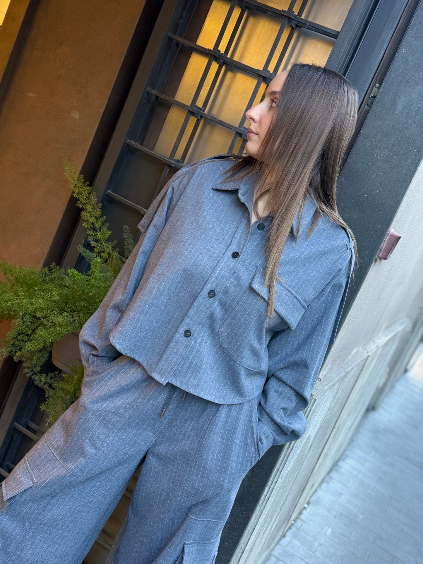 Tensione In Camicia cropped gessata GRIGIO