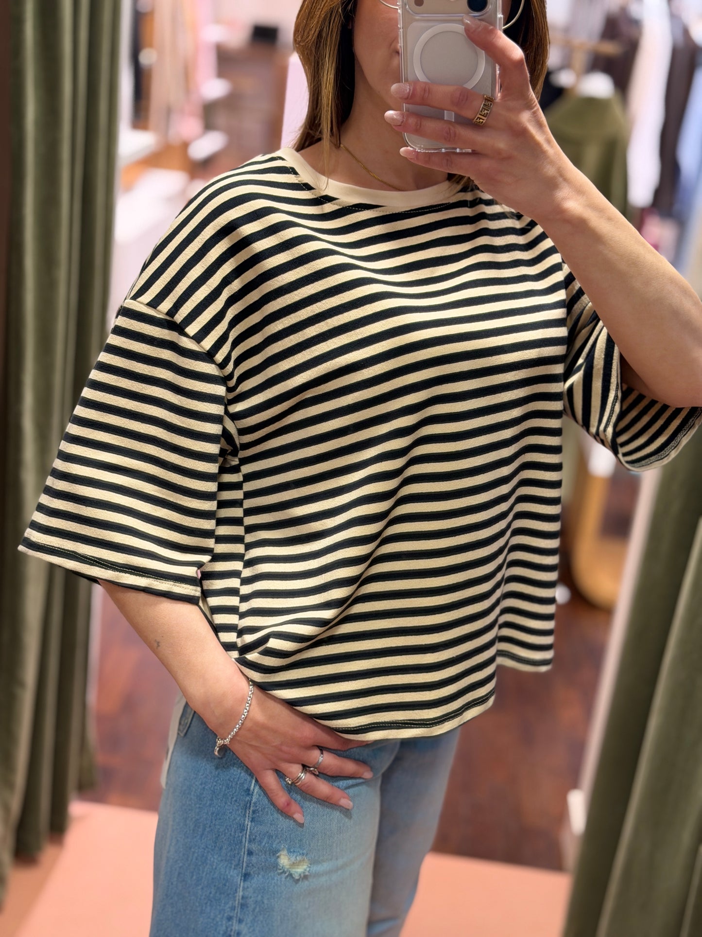 T-shirt a righe manica 3/4 Burro/ Nero