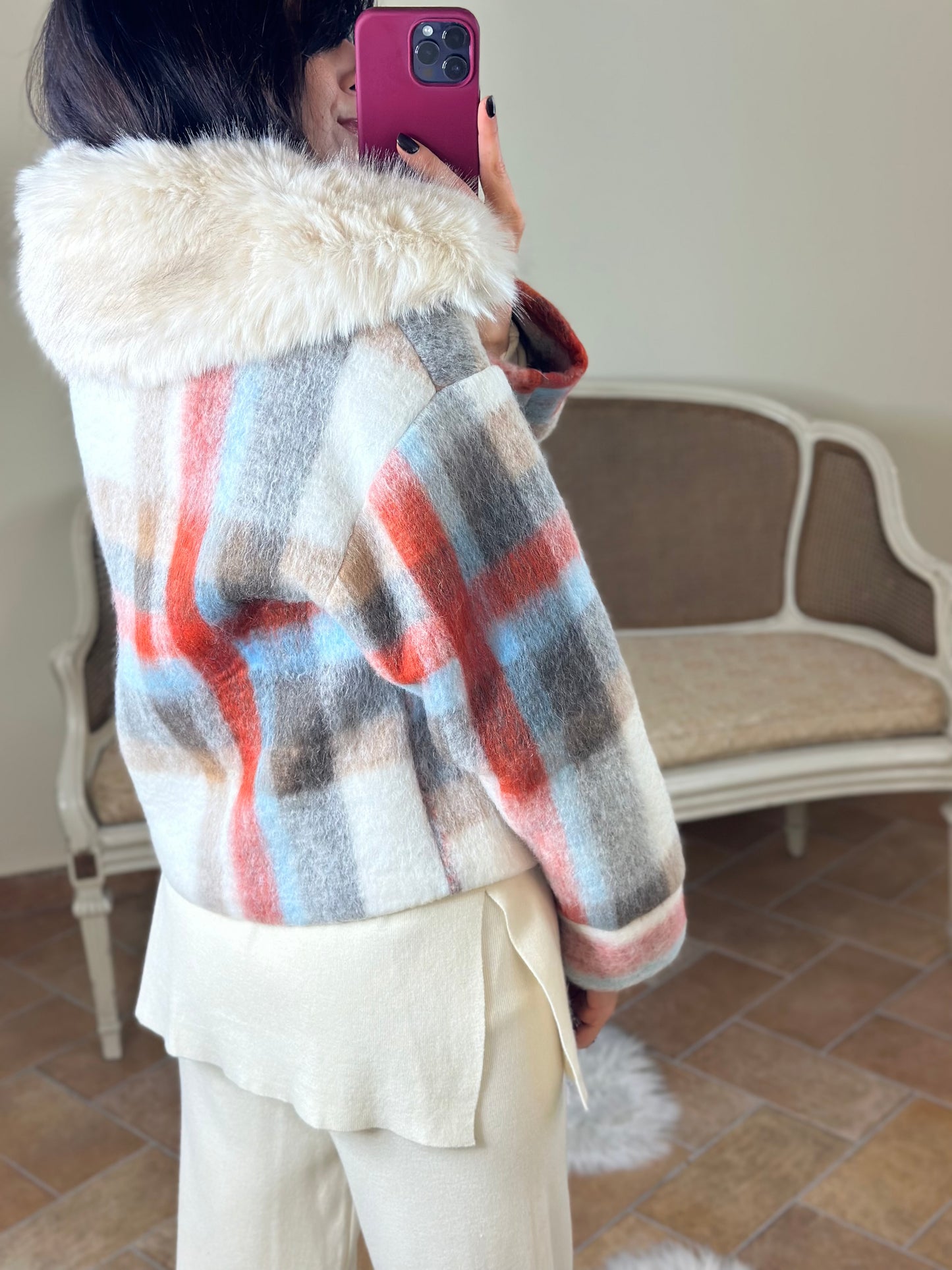 Cappotto cropp in lana check con colletto pelliccia  CELESTE/ARANCIO/BEIGE