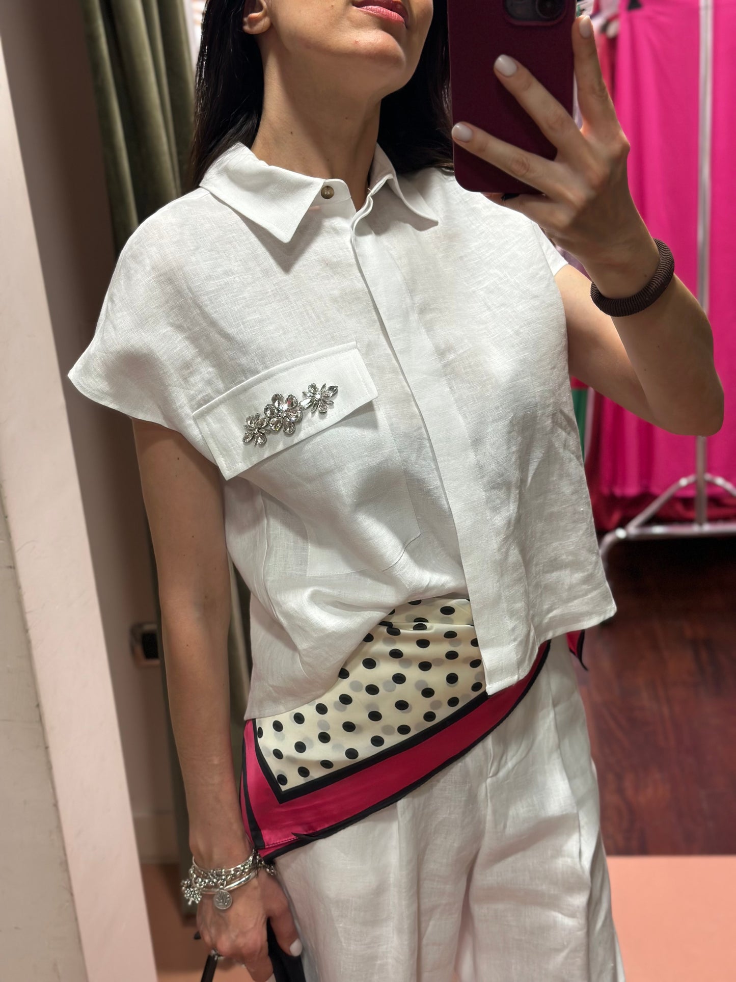 Tensione In - Camicia in lino taschino gioiello Bianca