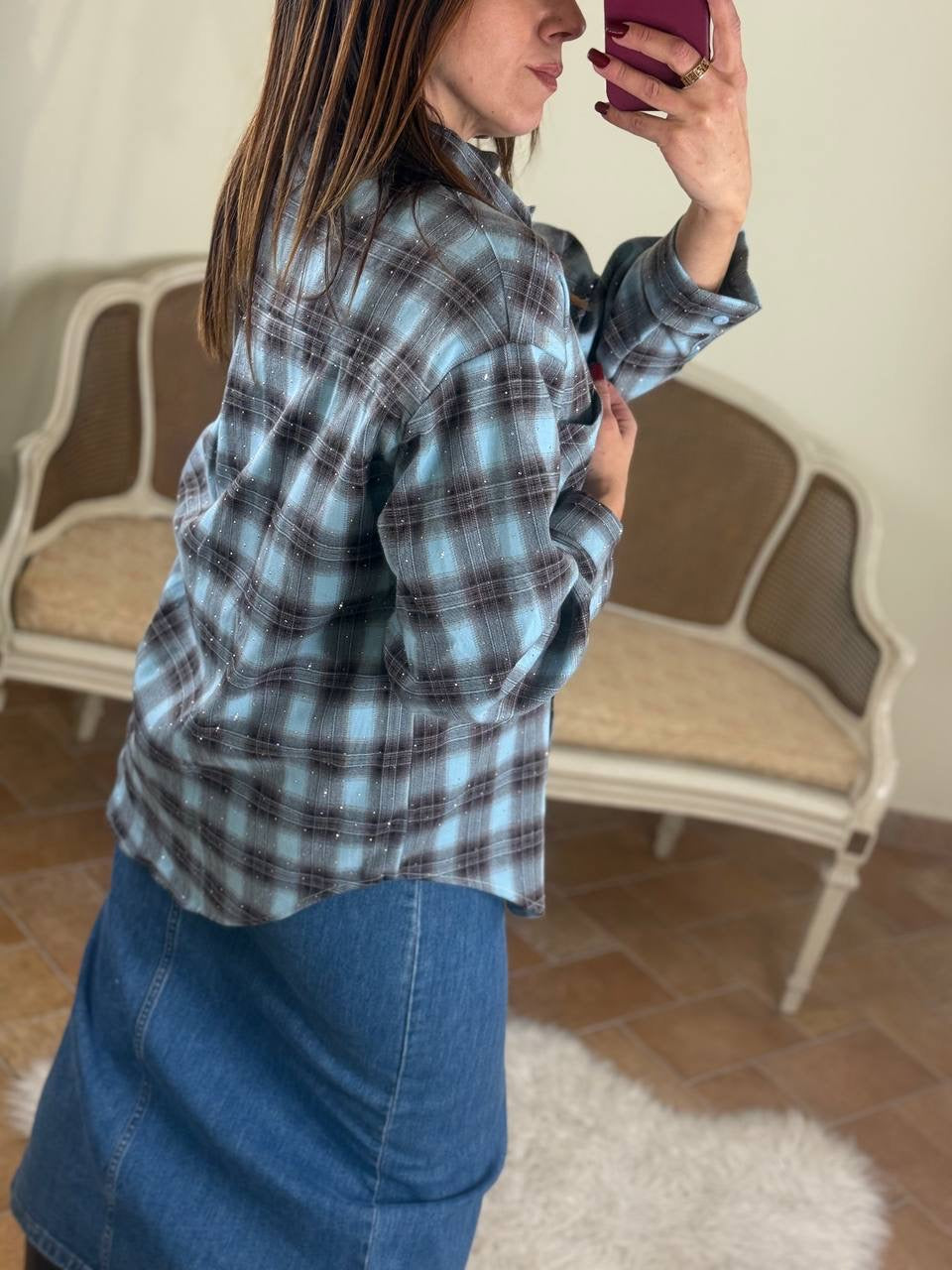 Camicia JOY quadri con punti luce CELESTE/MORO