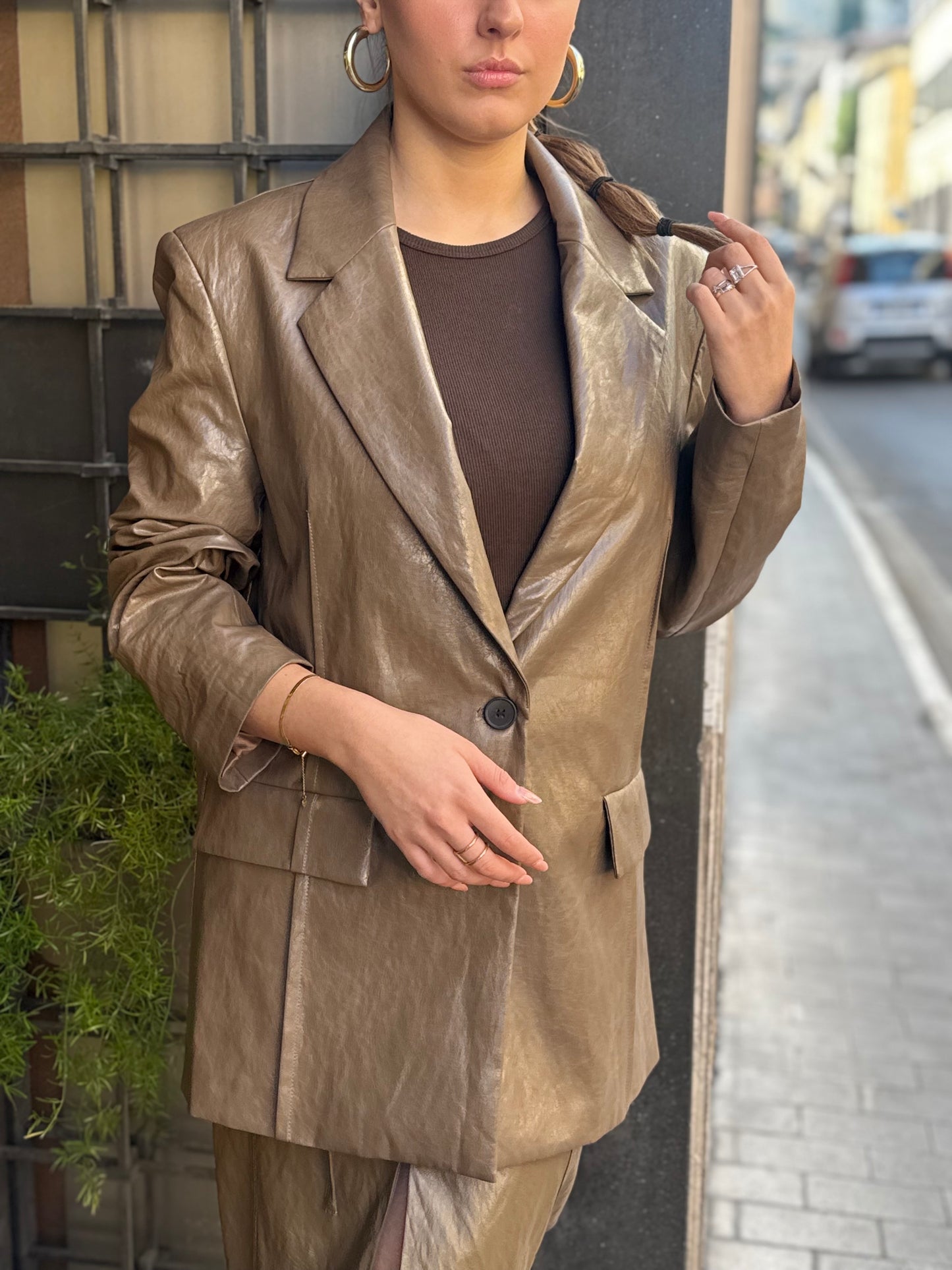 Eleh Blazer in ecopelle stropicciata VERDE OLIVA