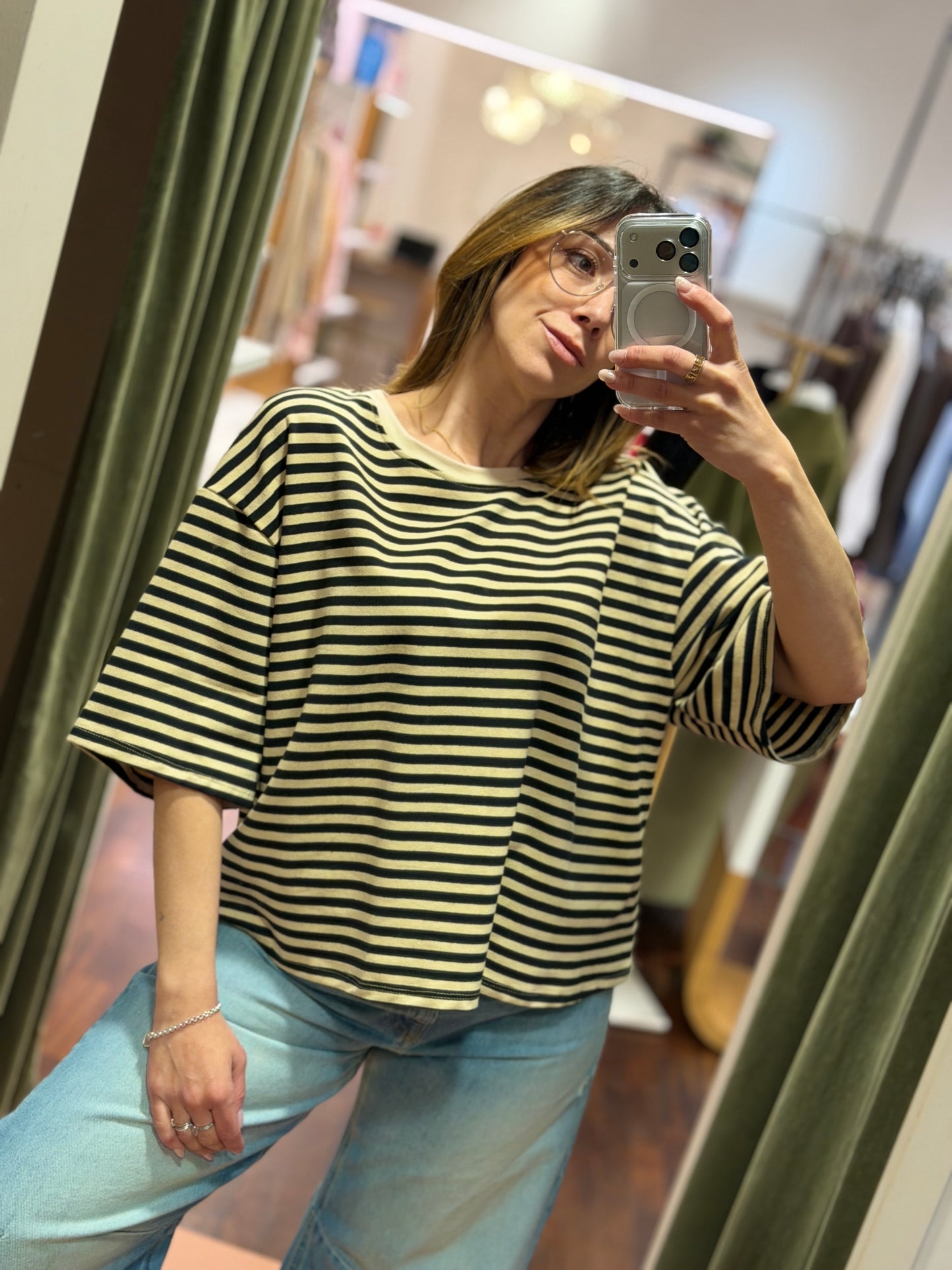 T-shirt a righe manica 3/4 Burro/ Nero