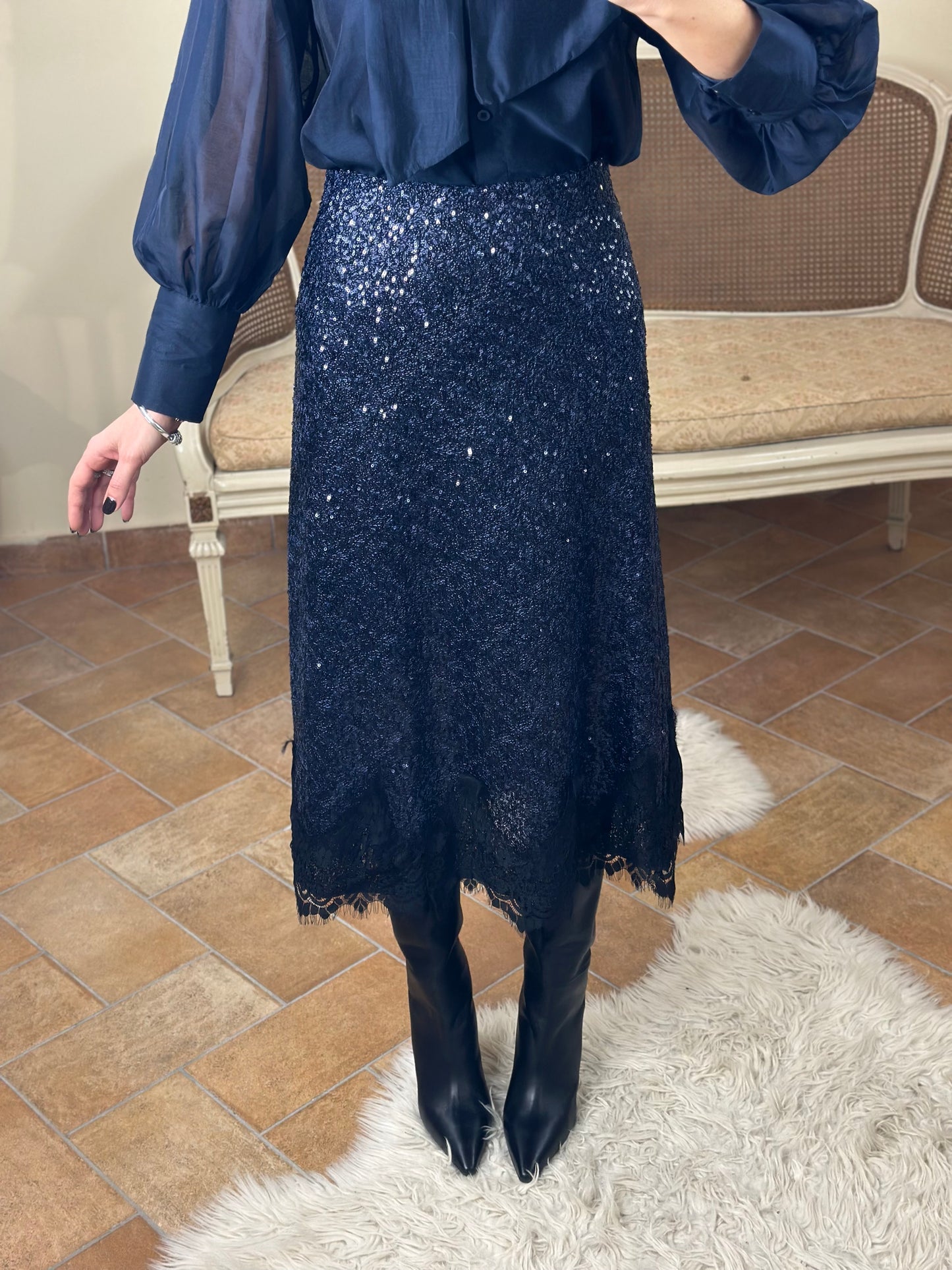 Gonna midi BLU con paillettes e pizzo