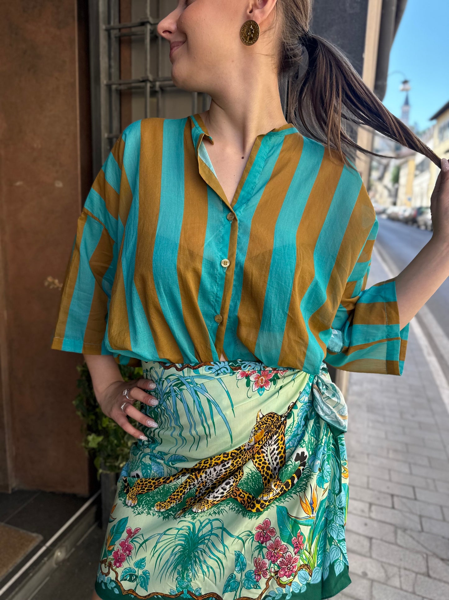 Tensione in Camicia a righe Turchese/cuoio