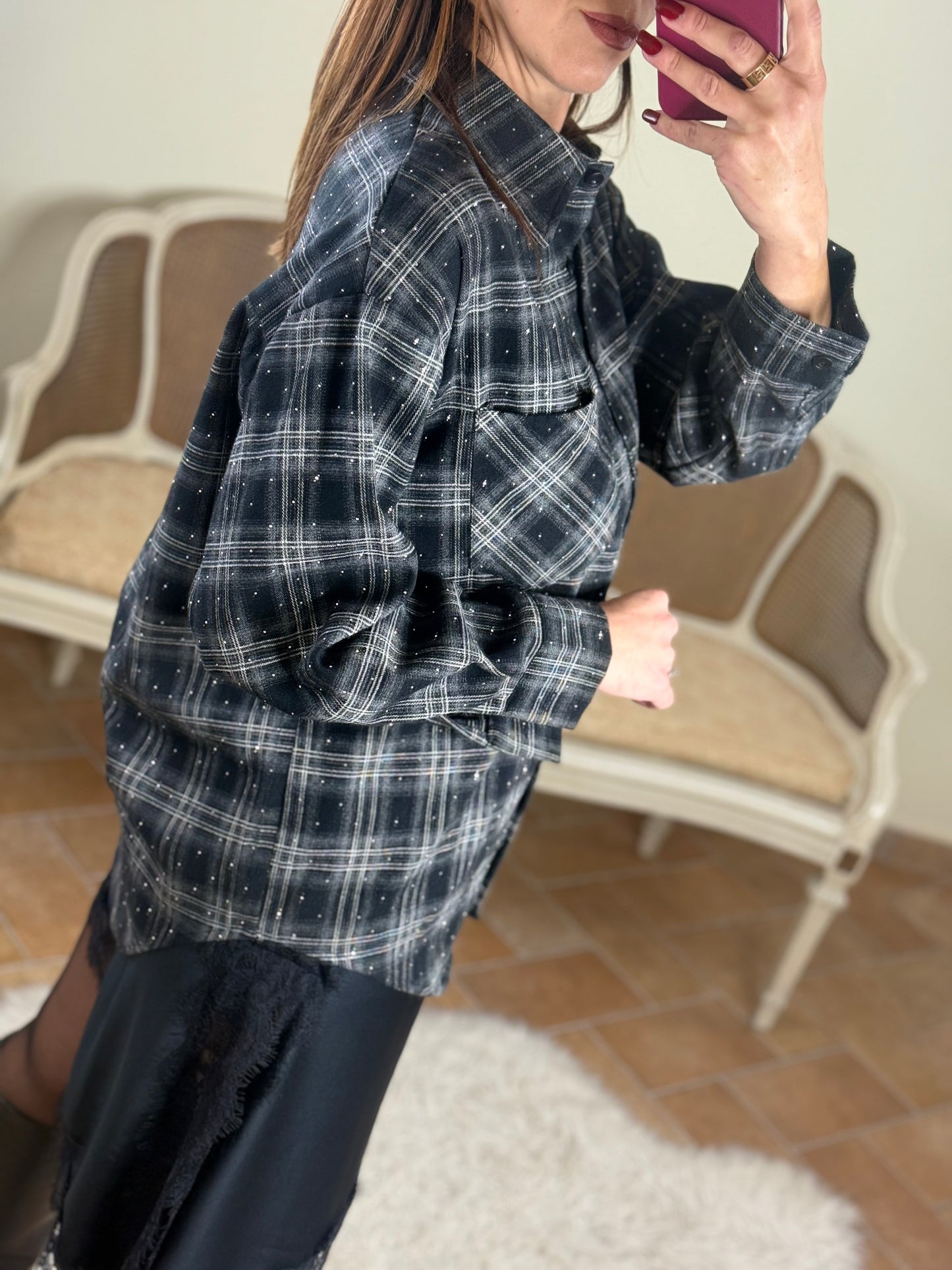 Camicia JOY quadri con punti luce NERO/BIANCO