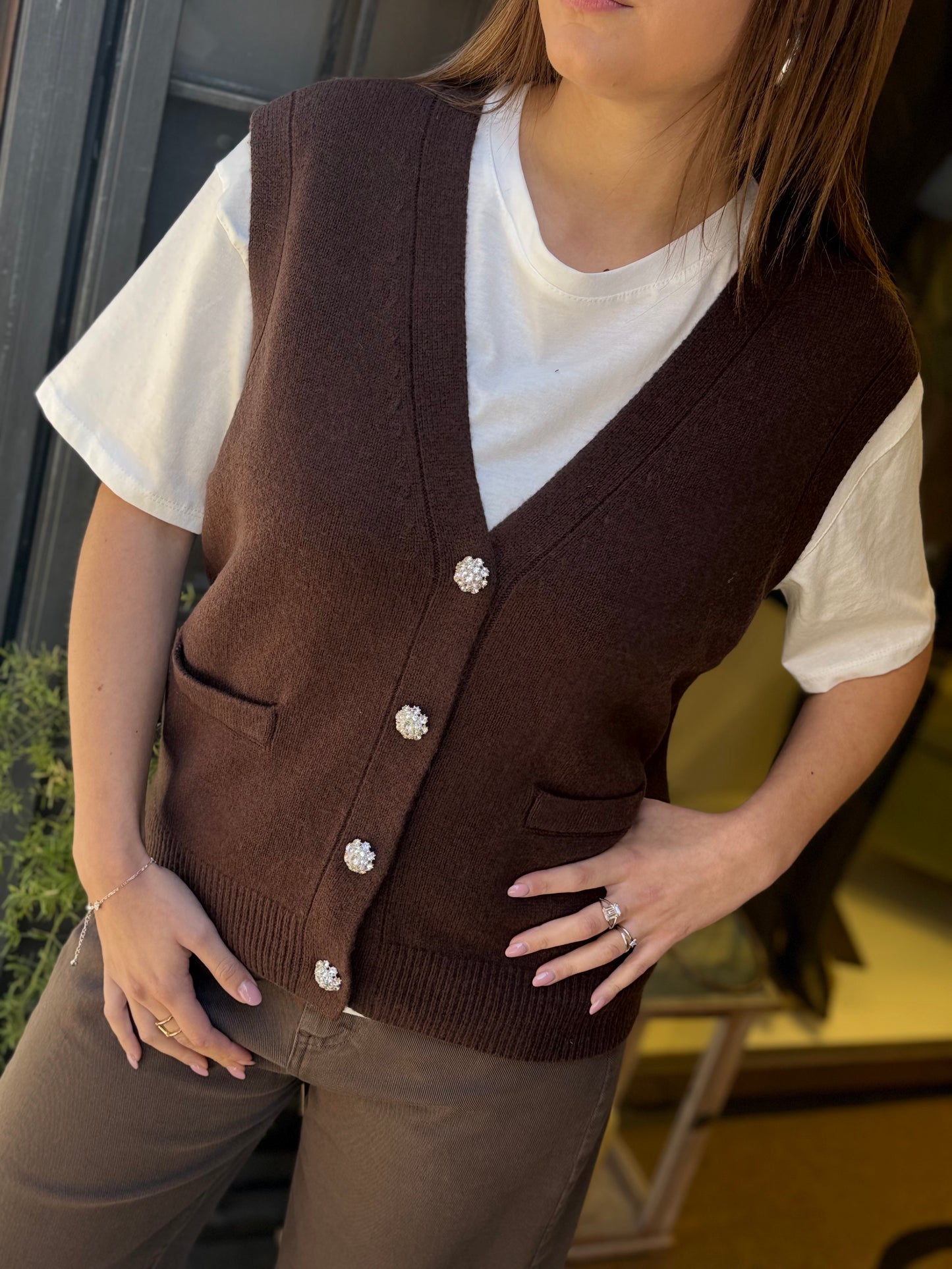 Gilet CELINE bottoni gioiello scollo a V CIOCCOLATO