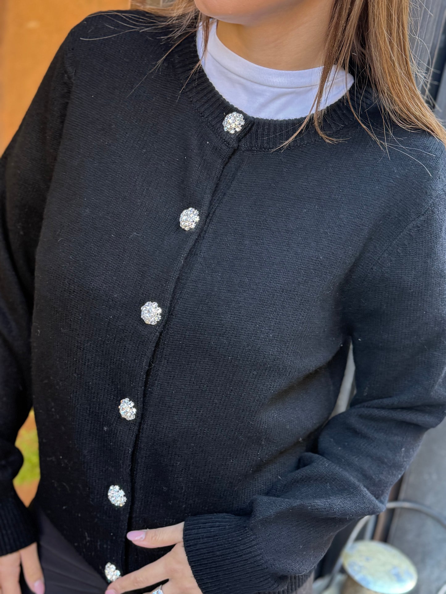 Cardigan GIOIA girocollo con bottoni gioiello NERO