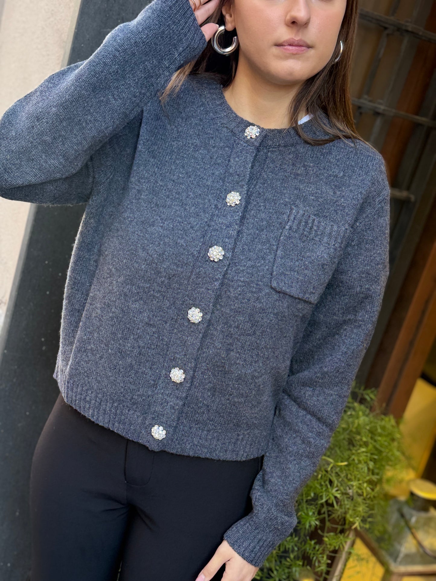 Cardigan GIORGIA con bottoni gioiello misto cashmere ANTRACITE