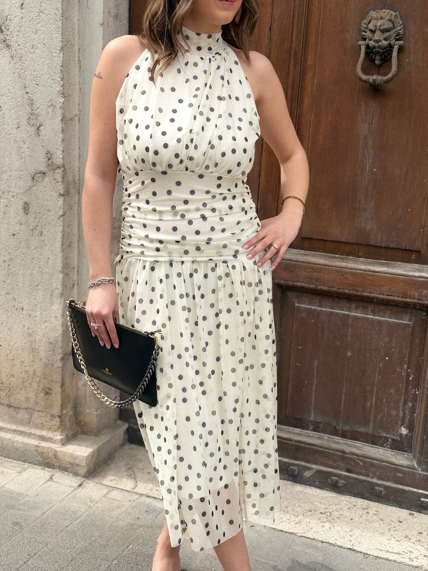 Abito in Mesh a pois Bianco/nero