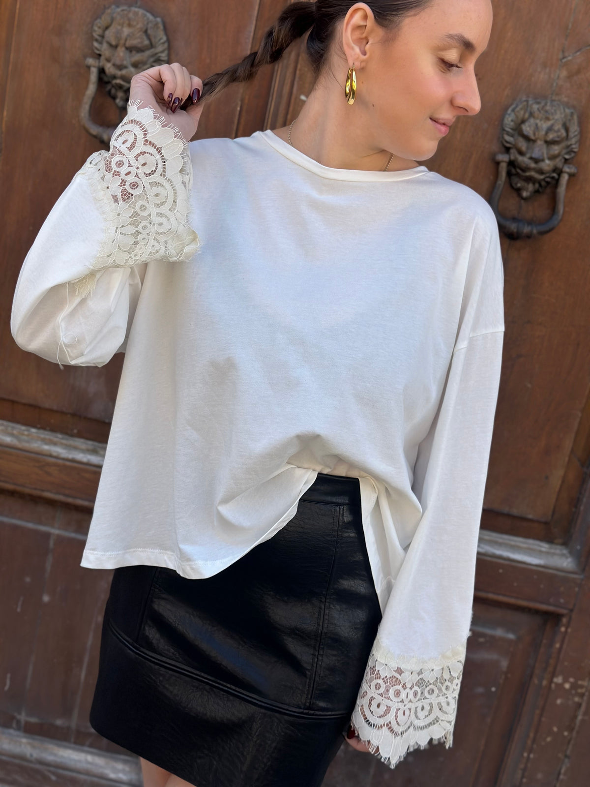 Tensione in T-shirt pizzo PANNA/PANNA