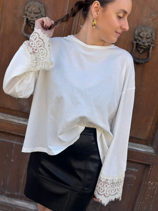 Tensione in T-shirt pizzo PANNA/PANNA