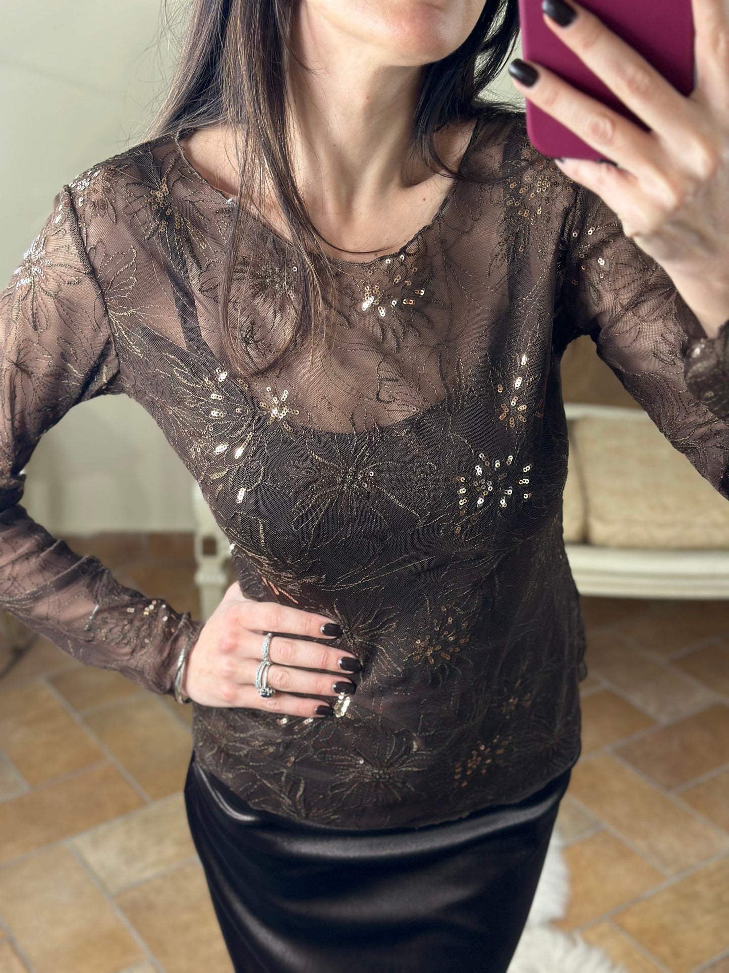Maglia in pizzo CIOCCOLATO con micro paillettes